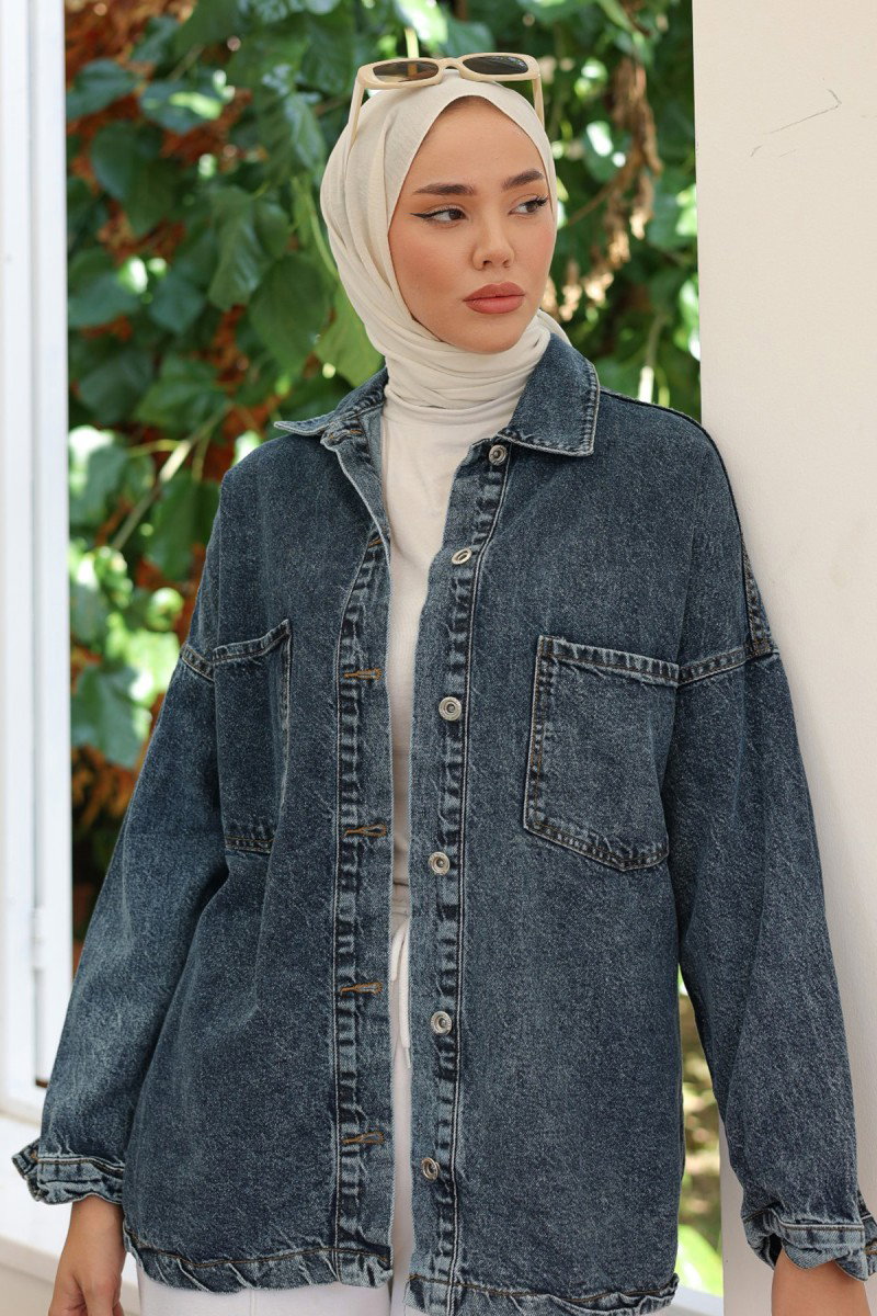 Kadın Oversize Cep Detay Kot Gömlek Ceket Mavi - 26571 - 1