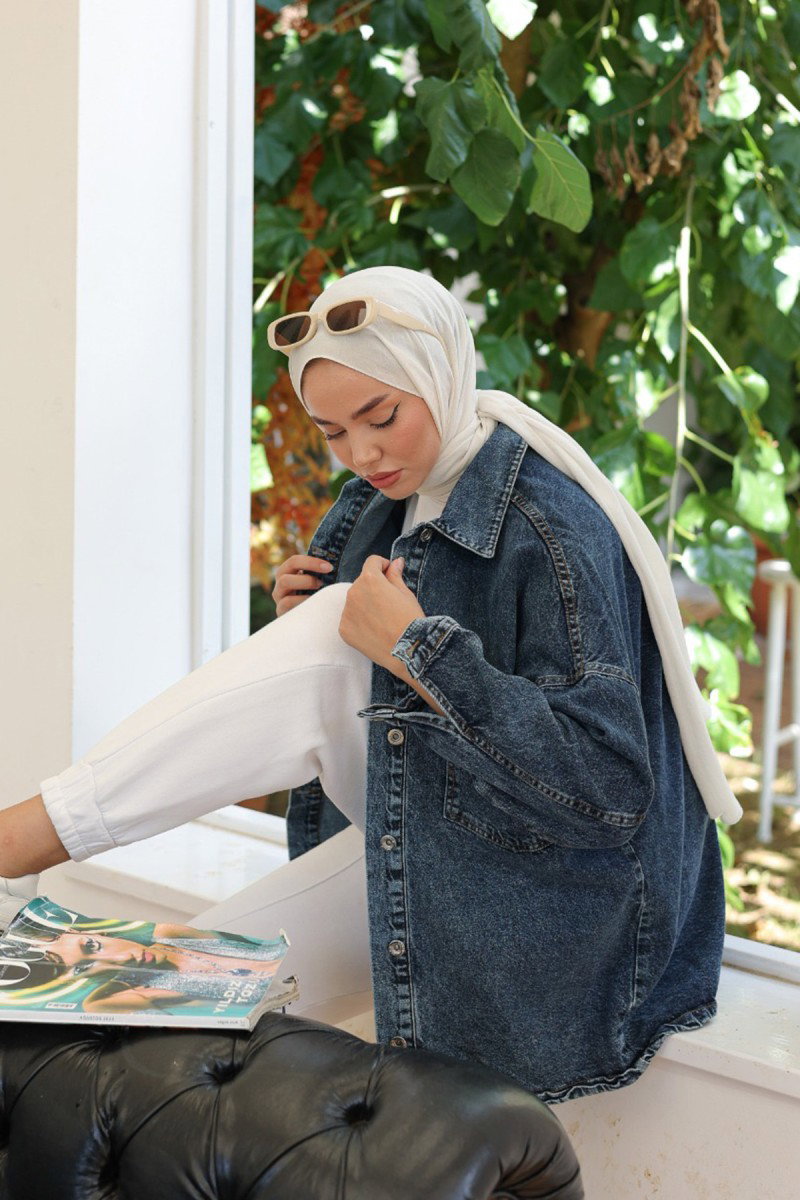 Kadın Oversize Cep Detay Kot Gömlek Ceket Mavi - 26571 - 2