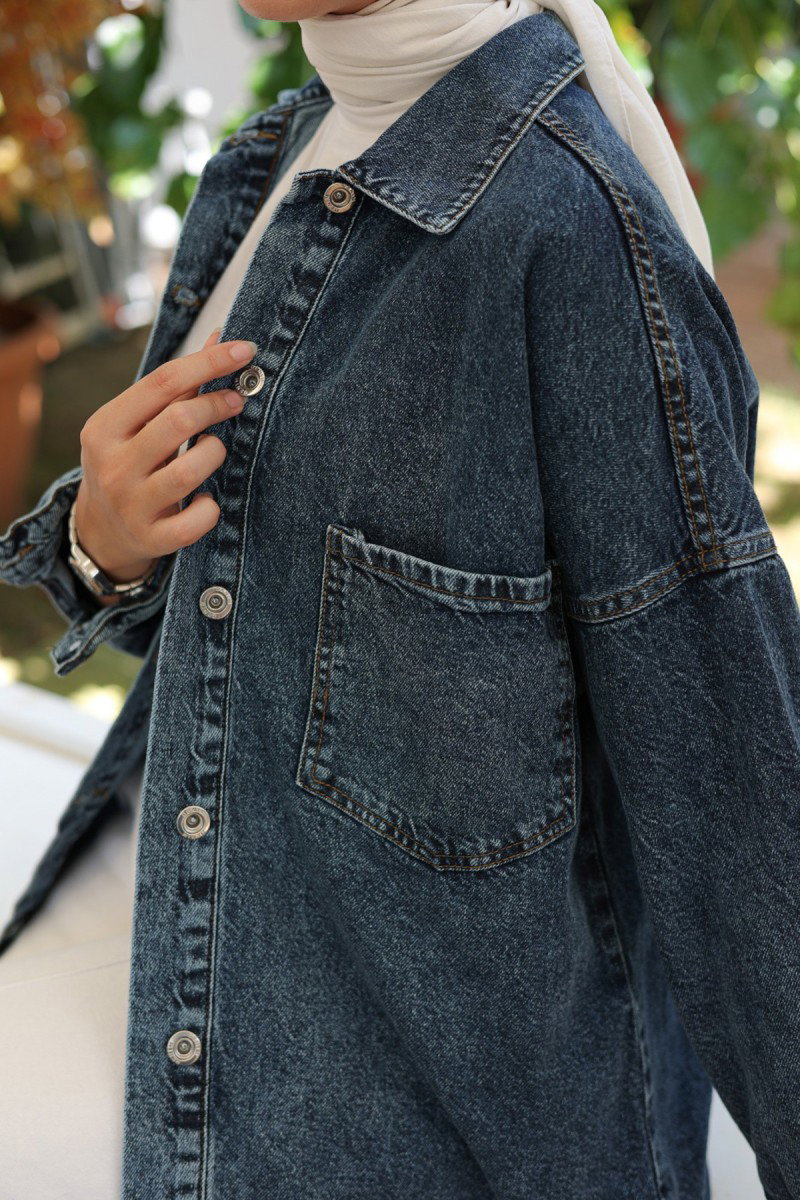 Kadın Oversize Cep Detay Kot Gömlek Ceket Mavi - 26571 - 3