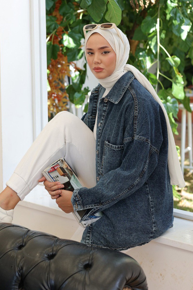 Kadın Oversize Cep Detay Kot Gömlek Ceket Mavi - 26571 - 4