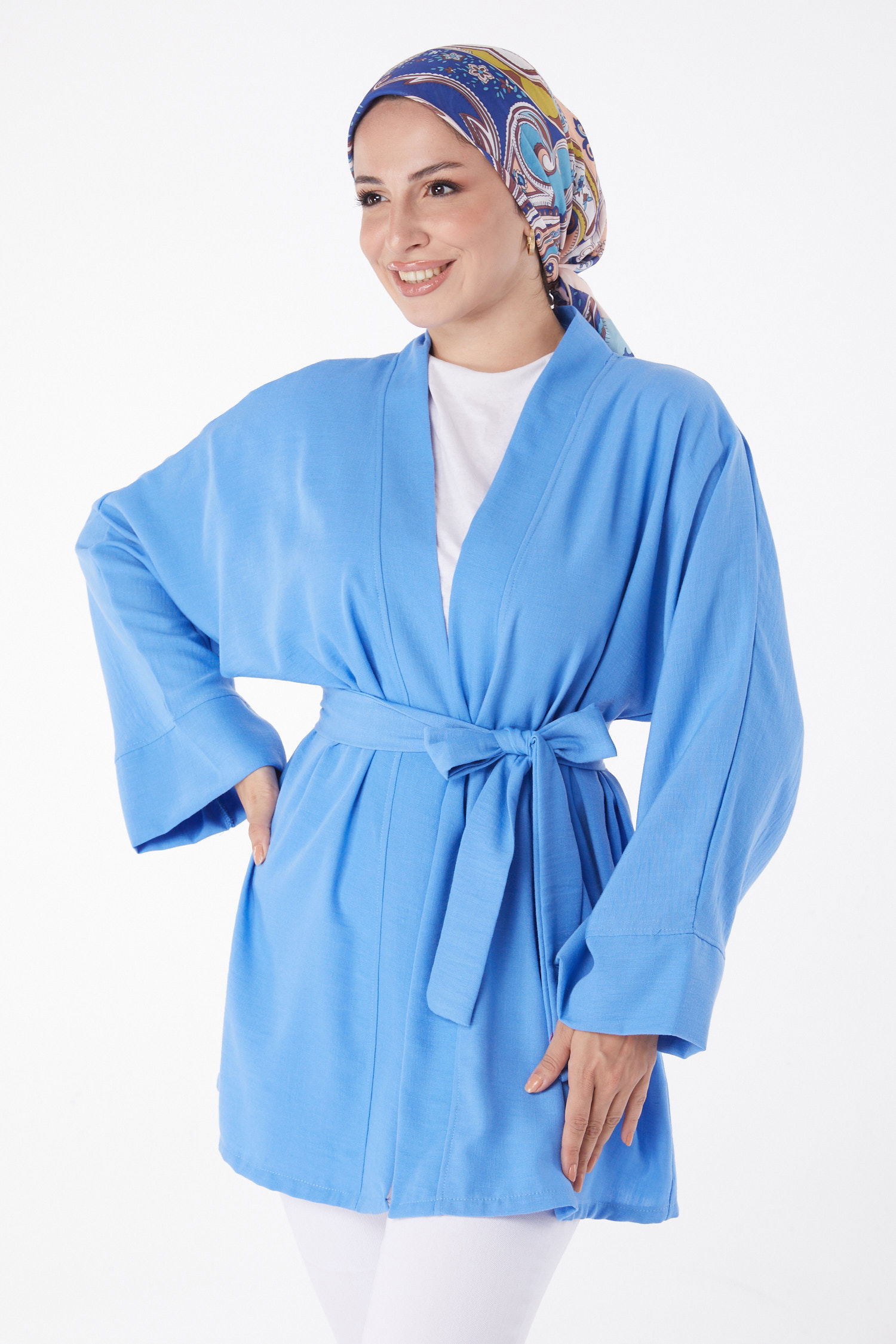 Düz Orta Kadın Mavi Kuşaklı Kimono - 26129 - 1