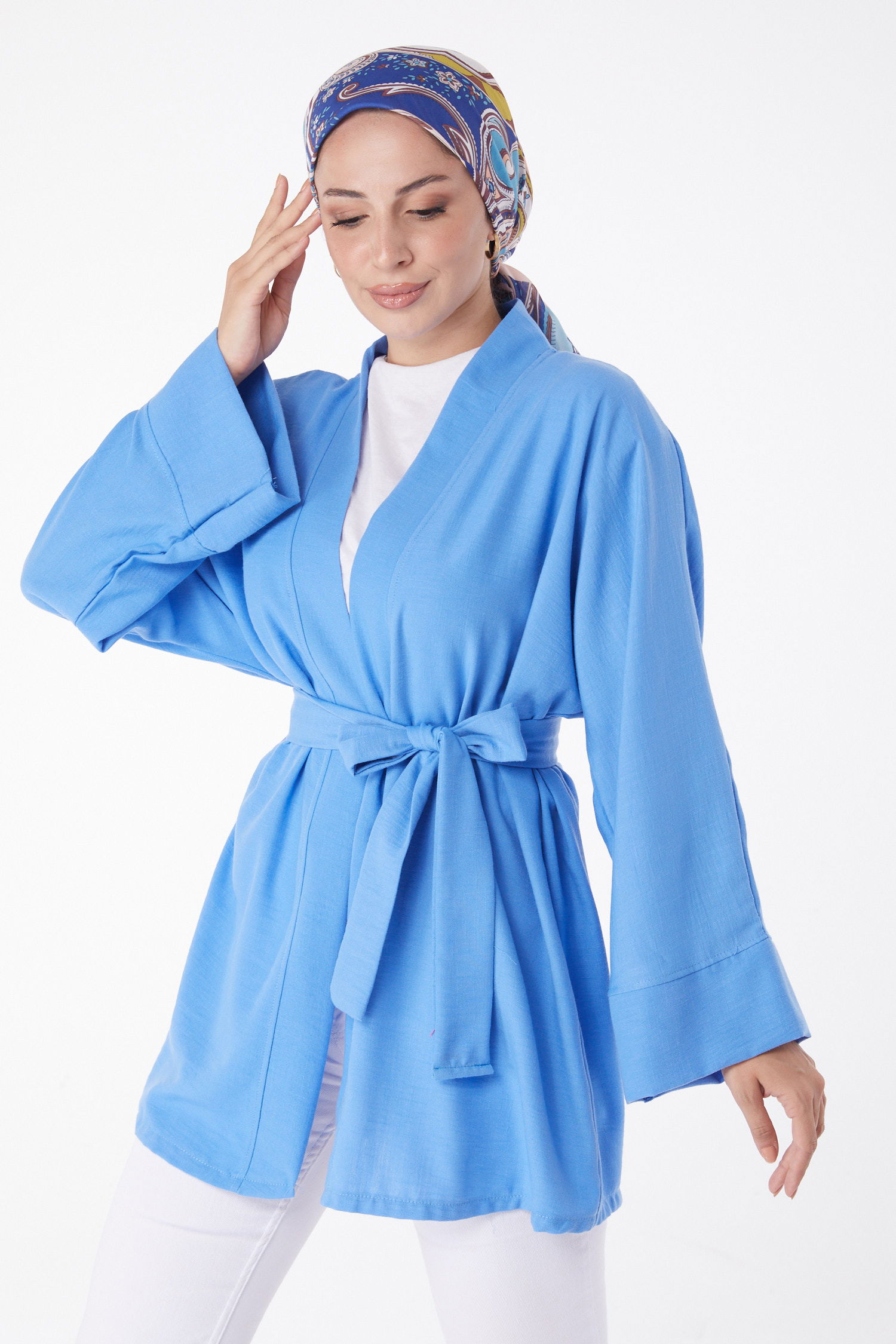 Düz Orta Kadın Mavi Kuşaklı Kimono - 26129 - 2