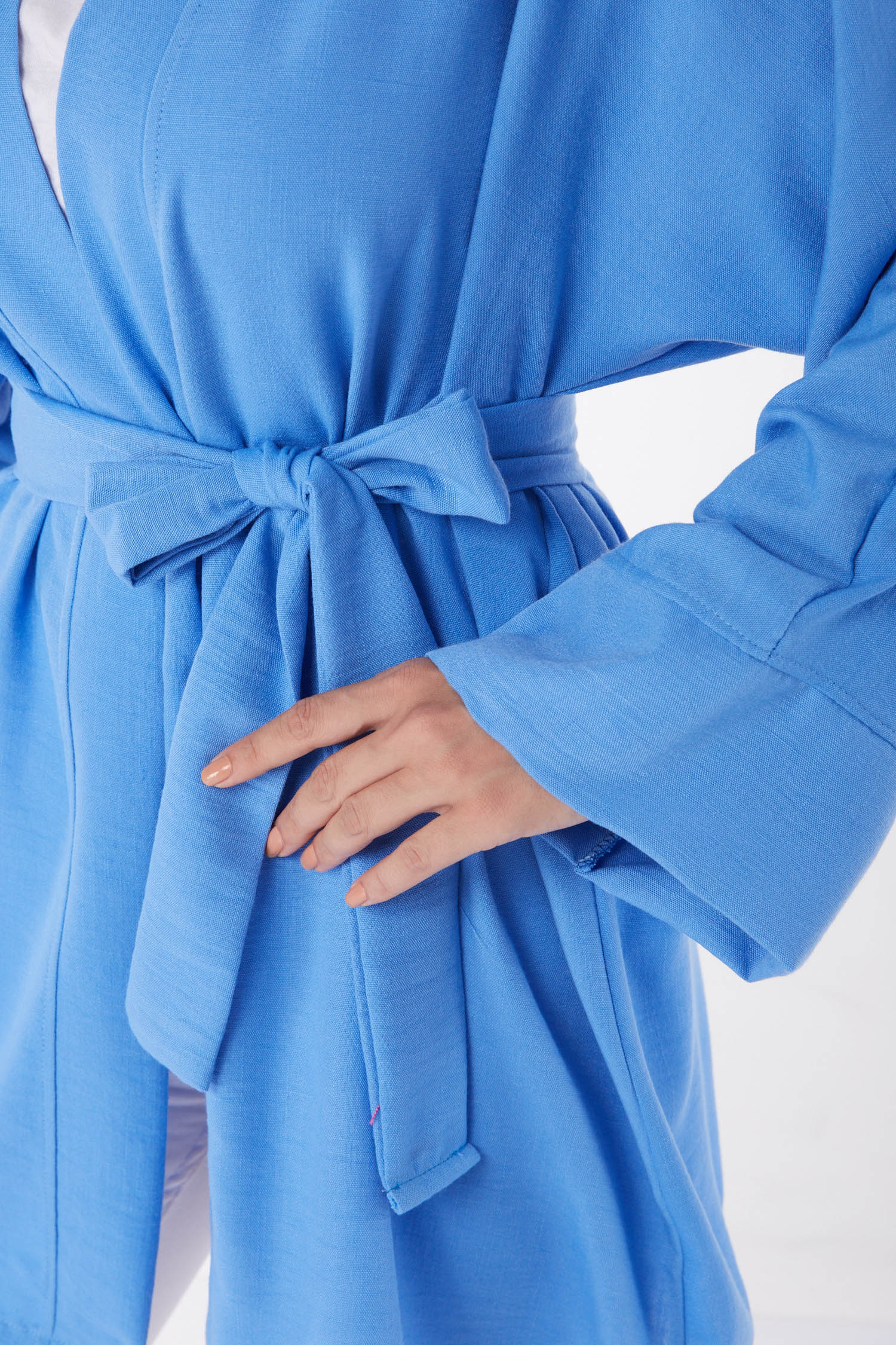 Düz Orta Kadın Mavi Kuşaklı Kimono - 26129 - 5