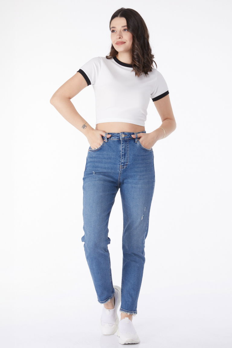 Düz Orta Kadın Mavi Lazerli Kot Pantolon - 50001 - TOFİSA