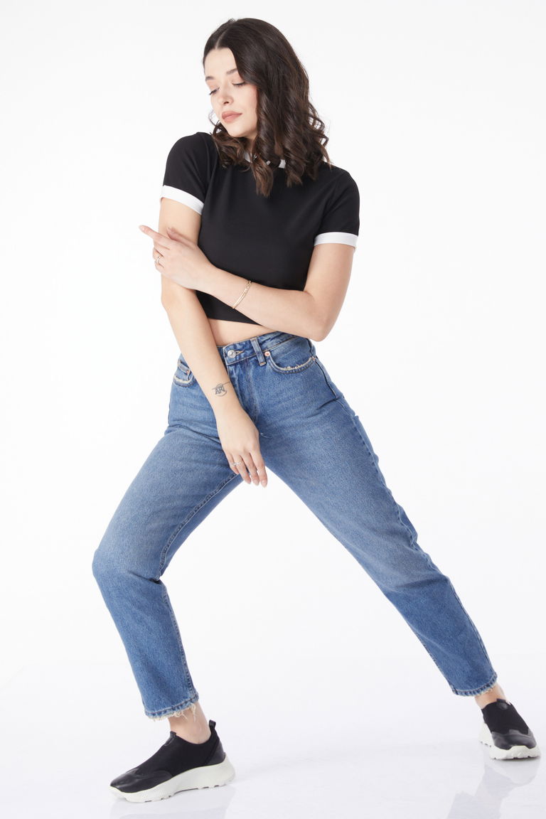Düz Orta Kadın Mavi Mom Jeans Kot Pantolon - 50009 - TOFİSA