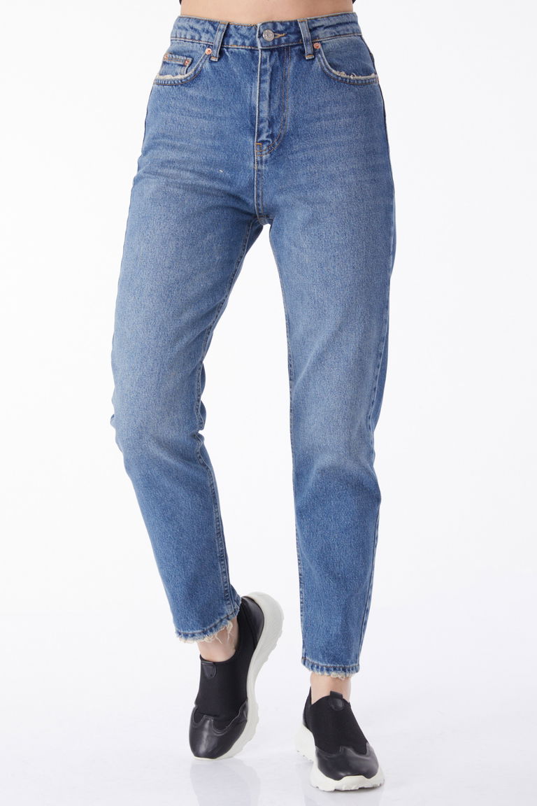Düz Orta Kadın Mavi Mom Jeans Kot Pantolon - 50009 - TOFİSA