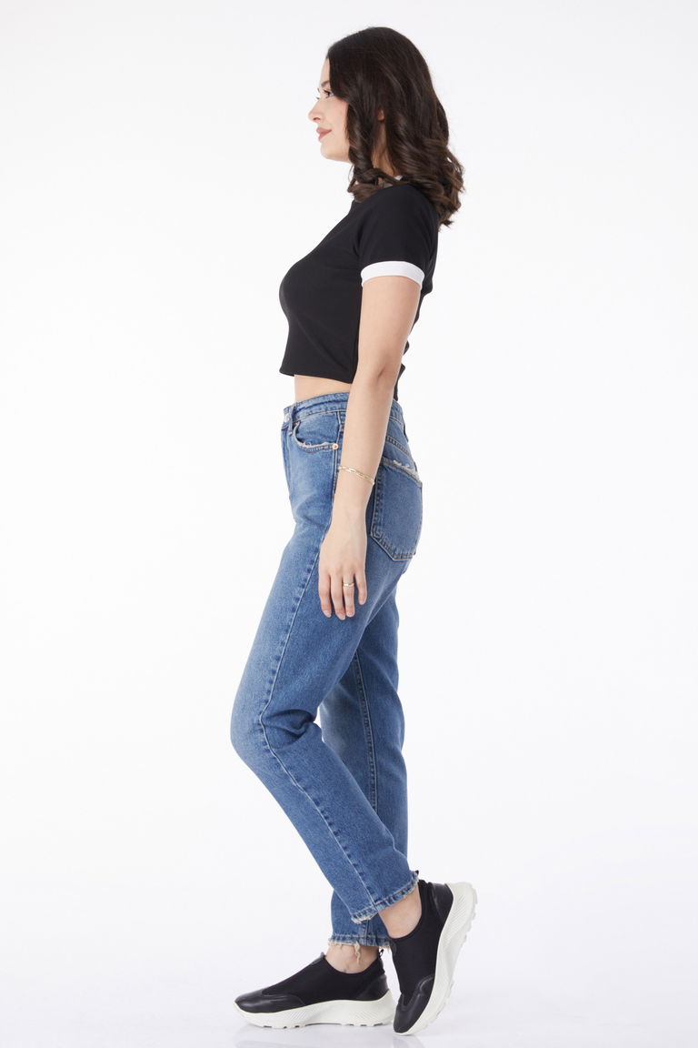 Düz Orta Kadın Mavi Mom Jeans Kot Pantolon - 50009 - TOFİSA