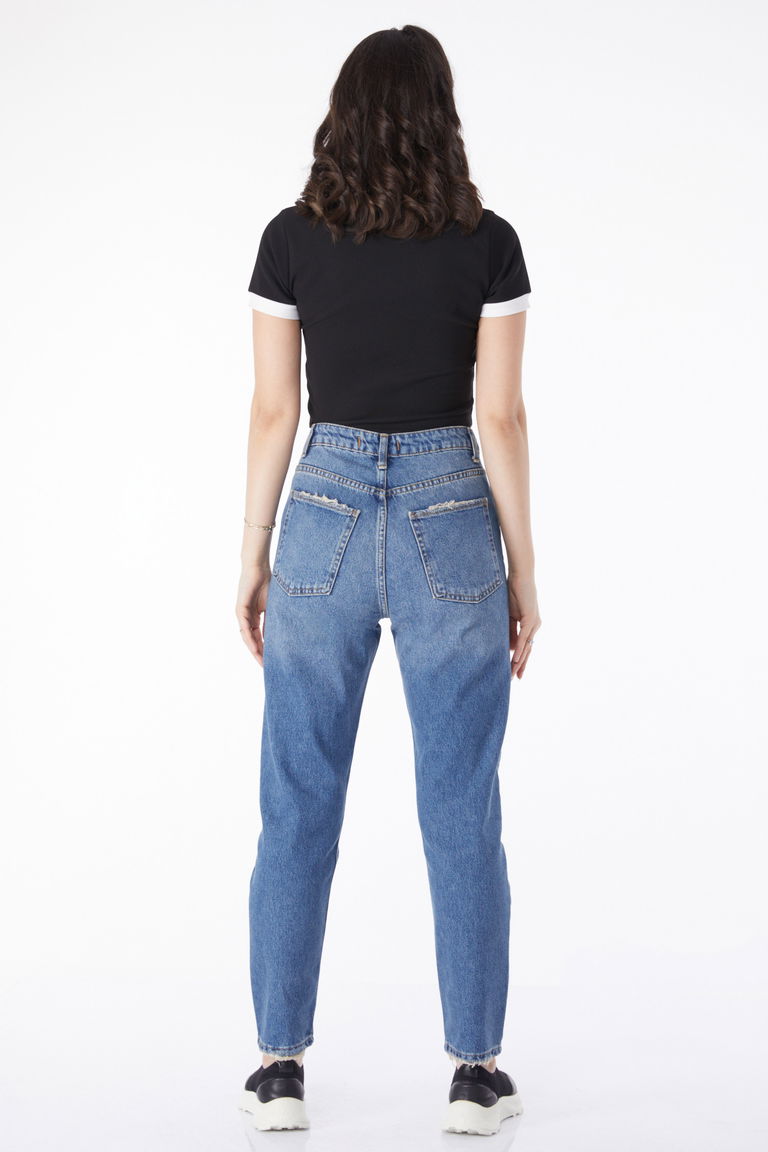 Düz Orta Kadın Mavi Mom Jeans Kot Pantolon - 50009 - TOFİSA