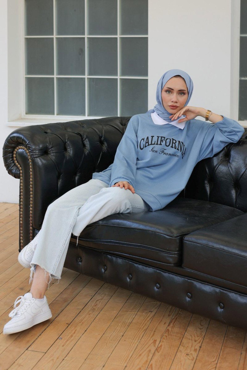 Düz Orta Kadın Mavi Polo Yaka Sweat - 26584 - 3