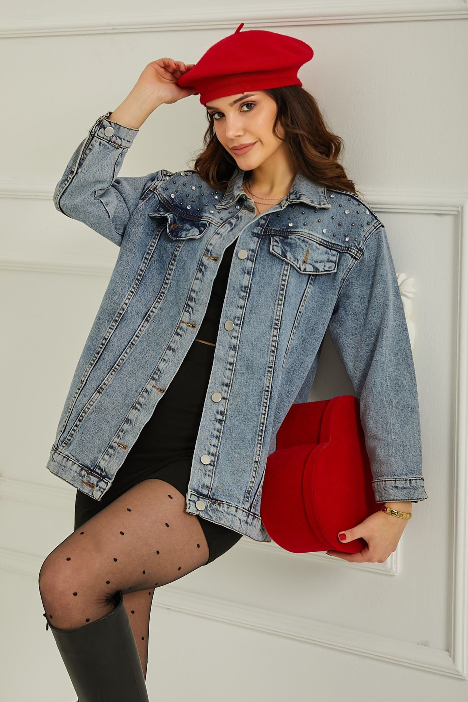 Kadın Omuz Taş Detaylı Oversize Kot Ceket Mavi - 26616 - 1