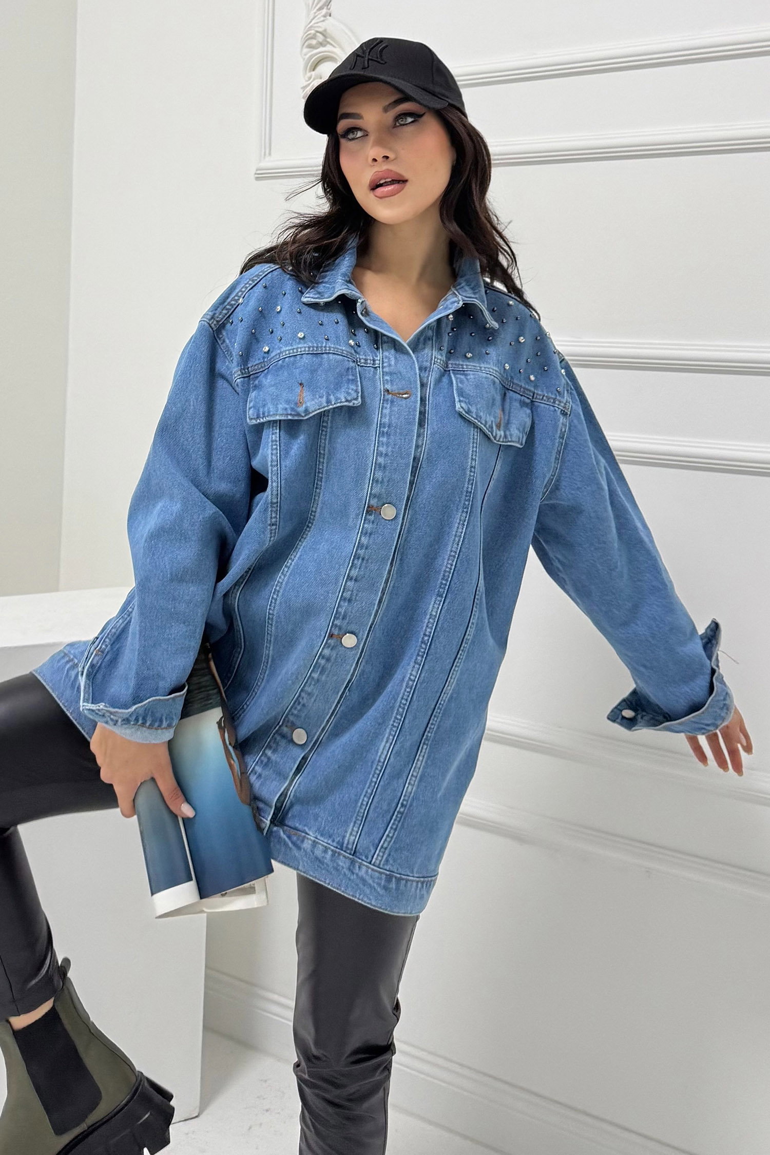 Kadın Omuz Taş Detaylı Oversize Kot Ceket Mavi - 26616 - 4