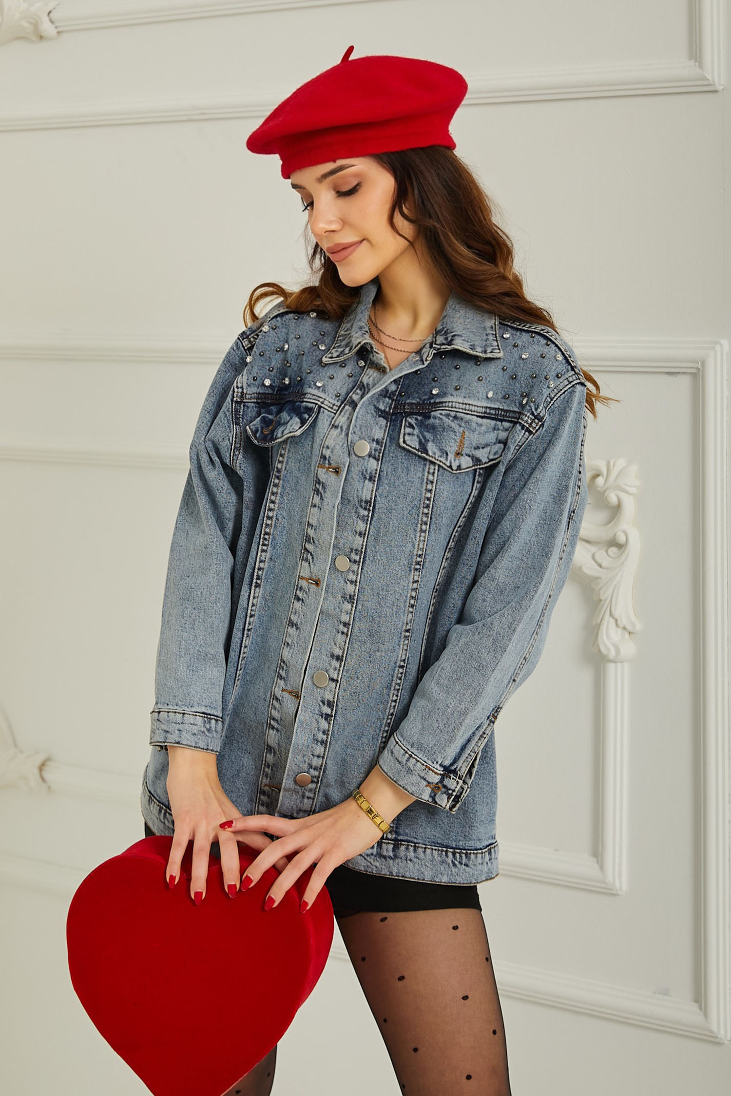 Kadın Omuz Taş Detaylı Oversize Kot Ceket Mavi - 26616 - 5
