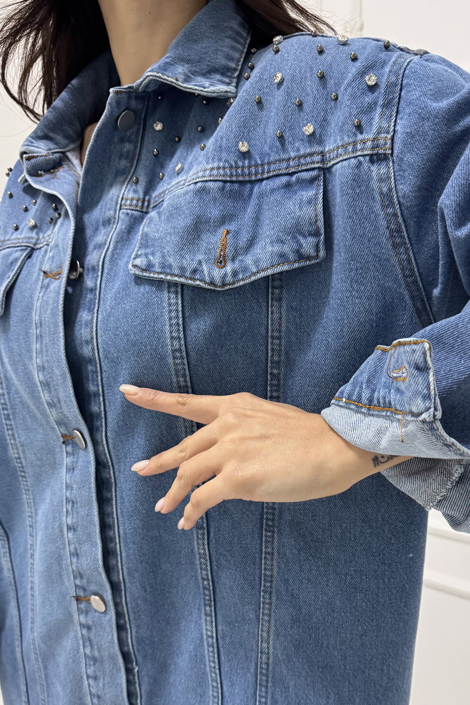 Kadın Omuz Taş Detaylı Oversize Kot Ceket Mavi - 26616 - 7