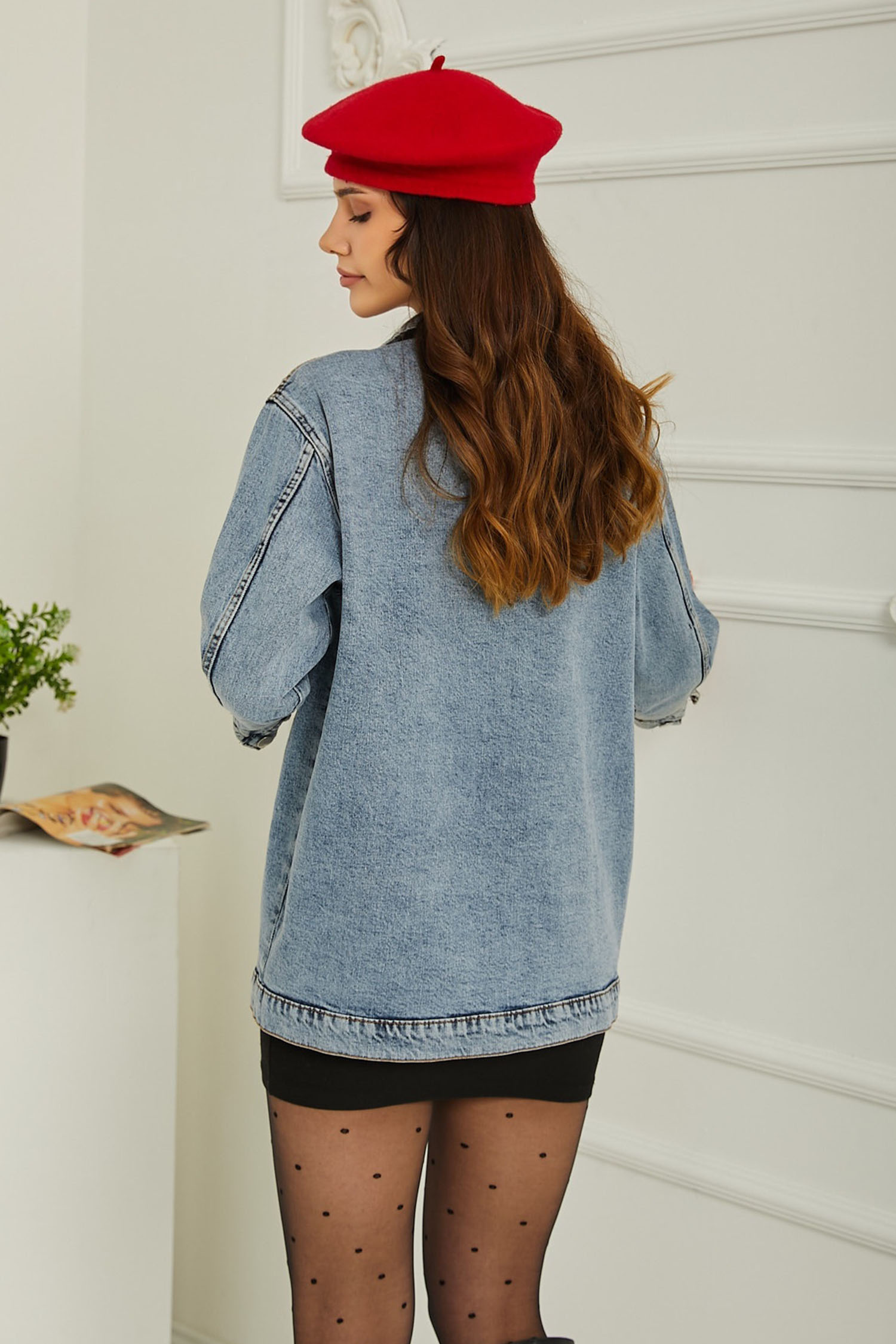 Kadın Omuz Taş Detaylı Oversize Kot Ceket Mavi - 26616 - 10