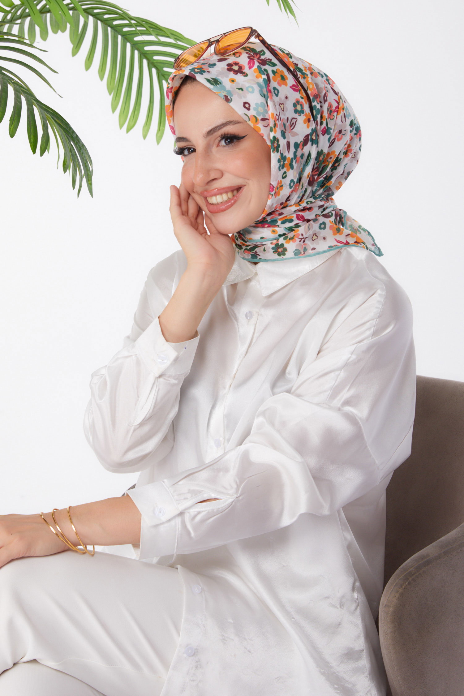 Düz Orta Kadın Mint Desenli Eşarp - 25975 - 1