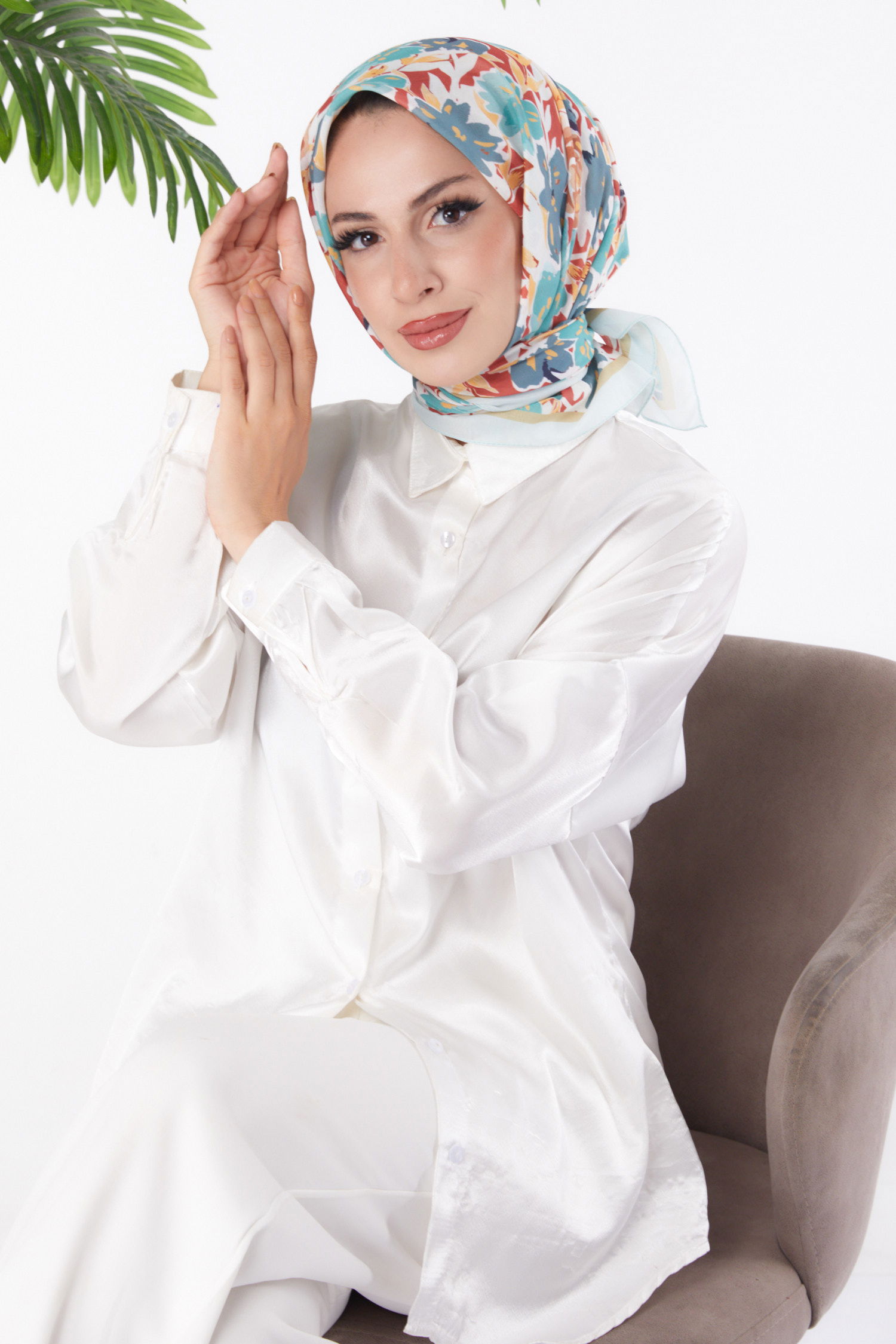 Düz Orta Kadın Mint Desenli Eşarp - 26153 - 1