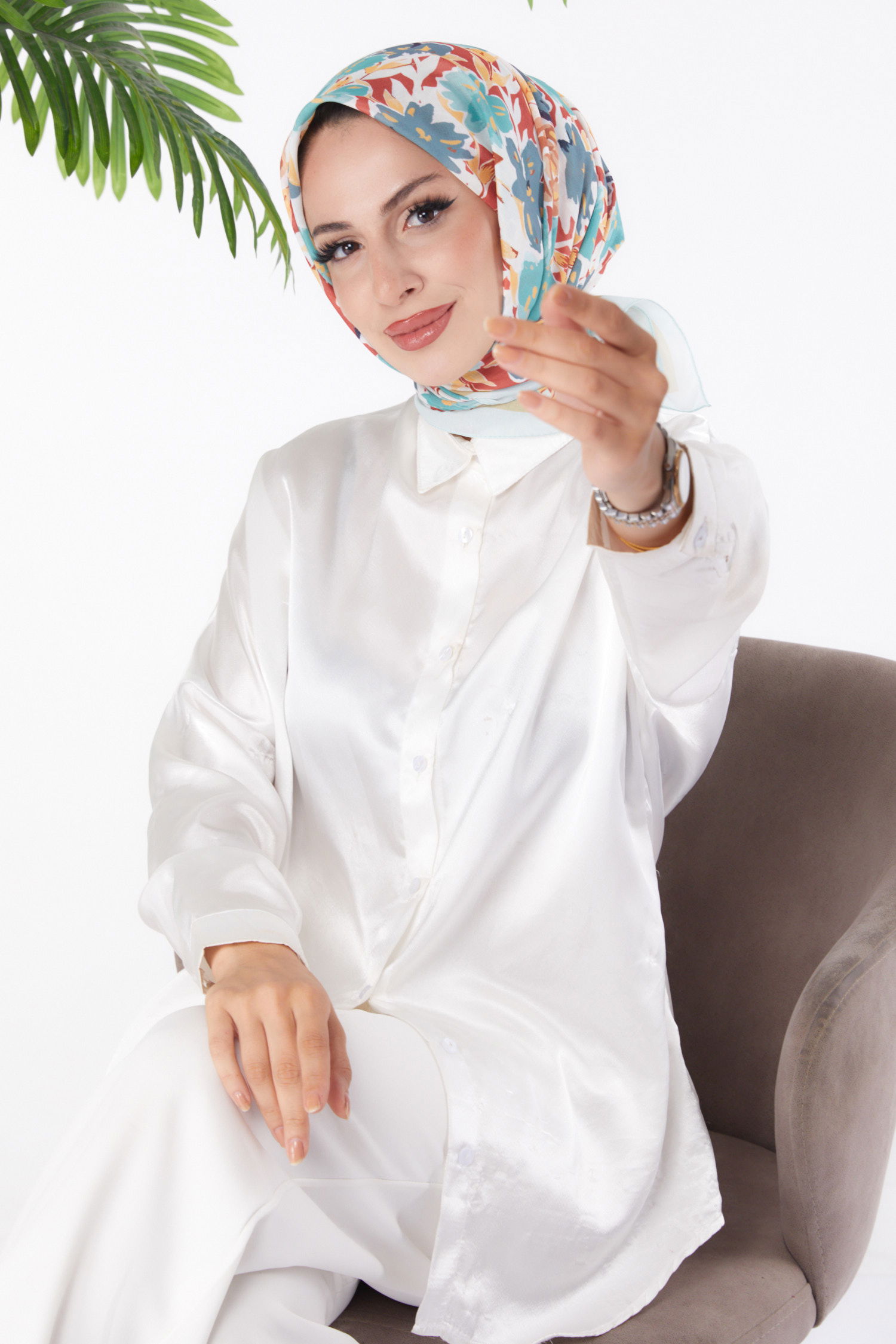 Düz Orta Kadın Mint Desenli Eşarp - 26153 - 2