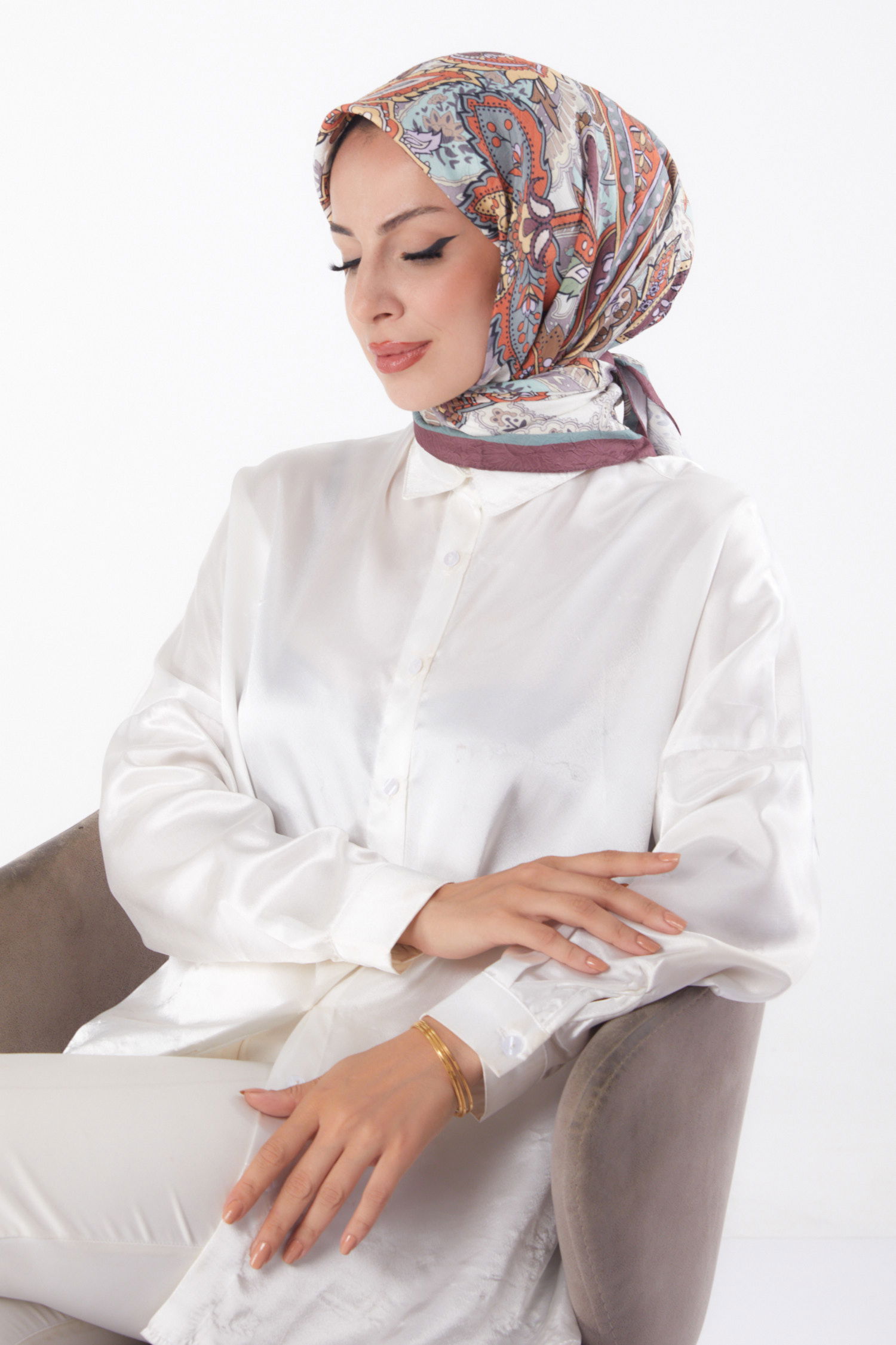 Düz Orta Kadın Mint Desenli Eşarp - 26154 - 2