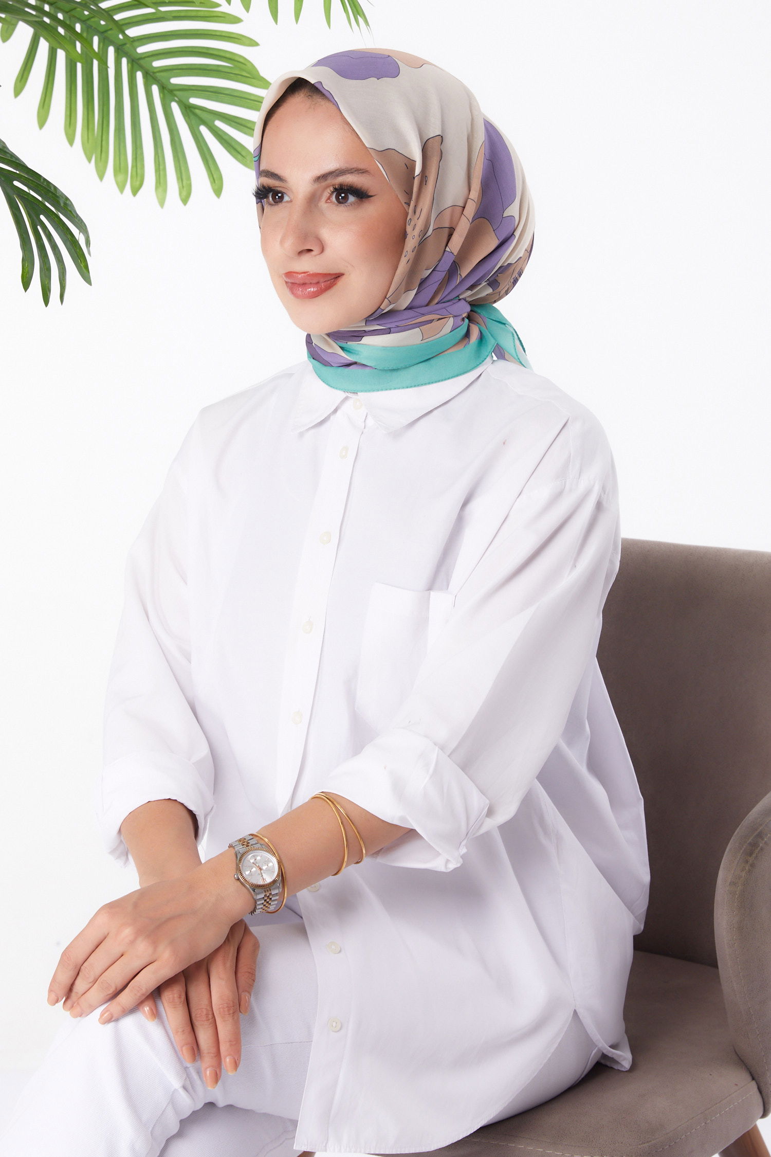 Düz Orta Kadın Mint Desenli Eşarp - 26158 - 2