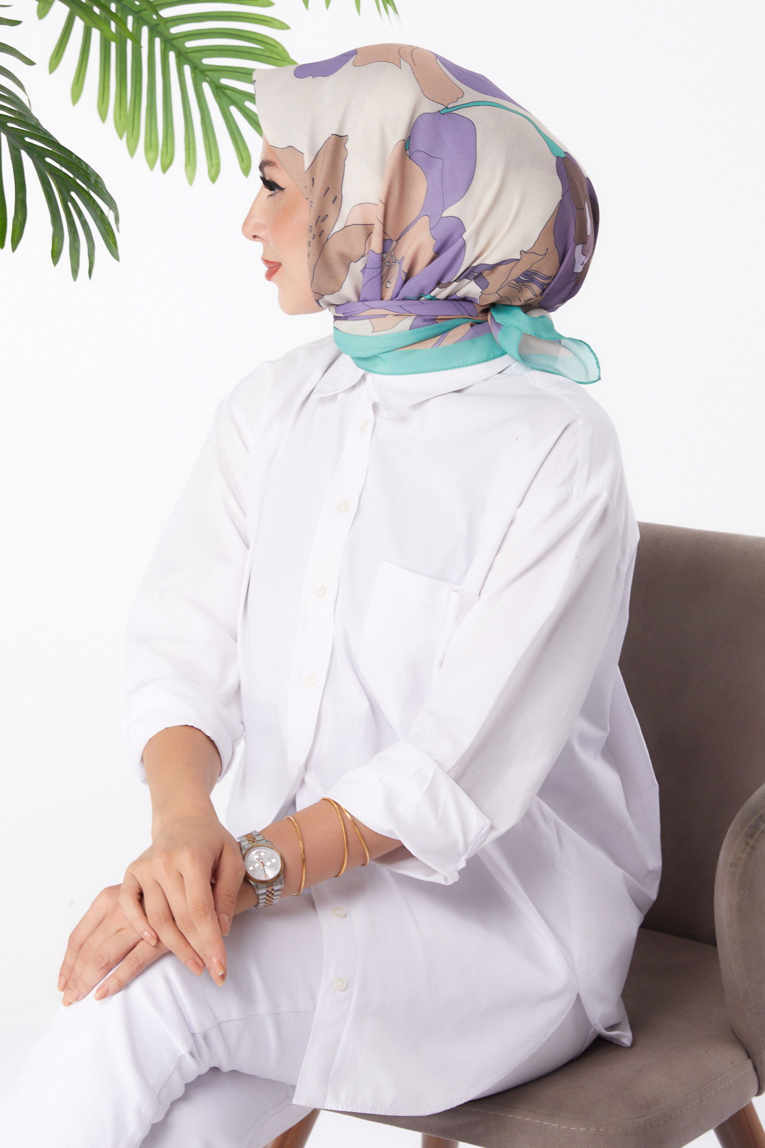 Düz Orta Kadın Mint Desenli Eşarp - 26158 - 3