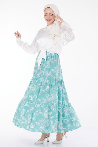 Düz Orta Kadın Mint Desenli Etek - 25792 