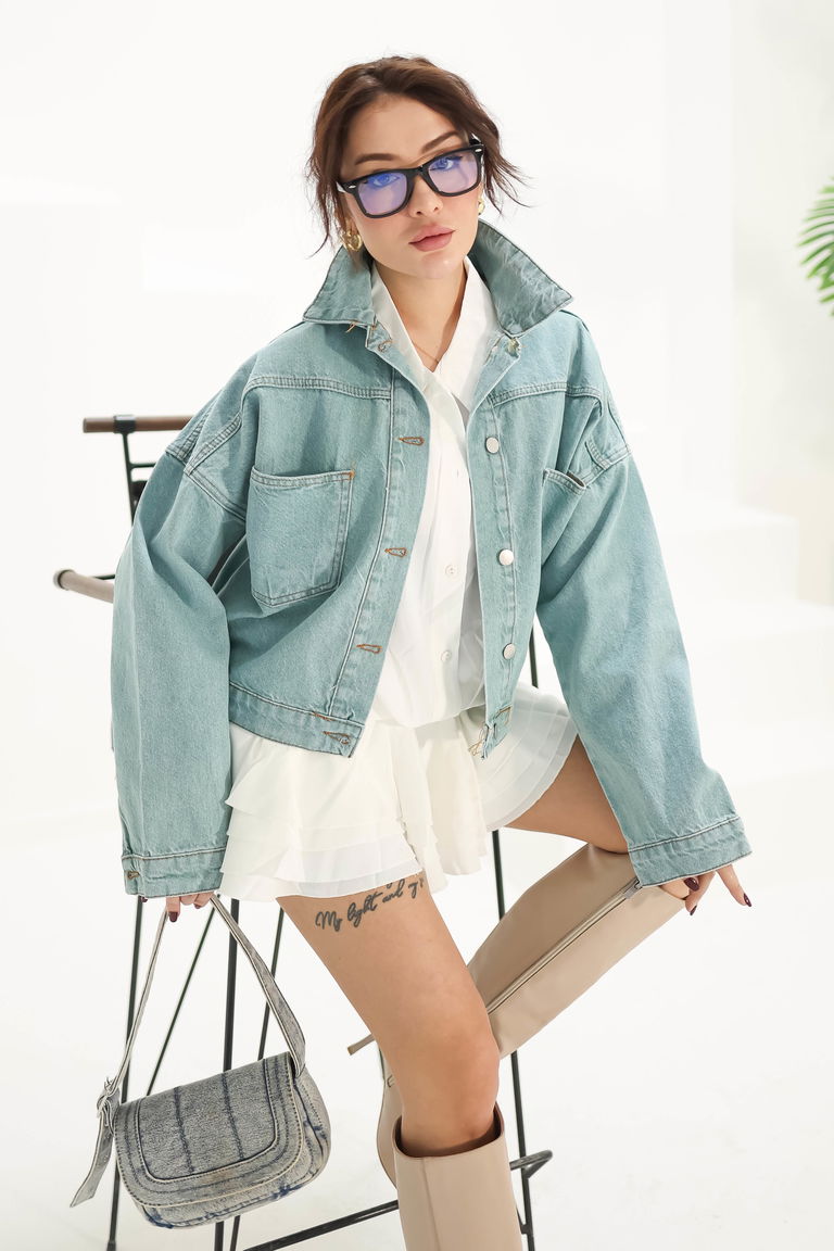 Düz Orta Kadın Mint Kısa Kot Ceket - 26573 - TOFİSA