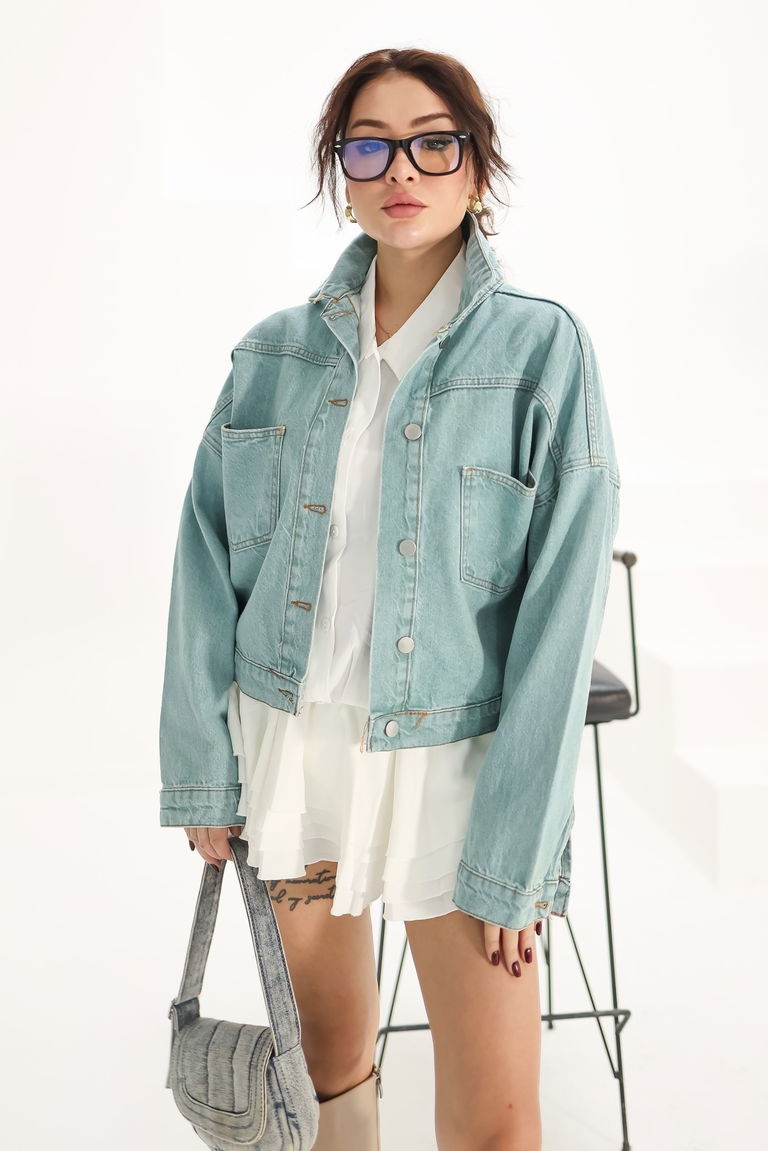 Düz Orta Kadın Mint Kısa Kot Ceket - 26573 - TOFİSA