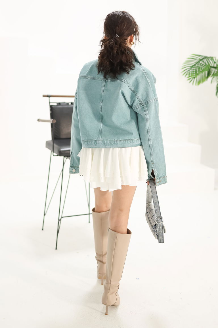 Düz Orta Kadın Mint Kısa Kot Ceket - 26573 - TOFİSA