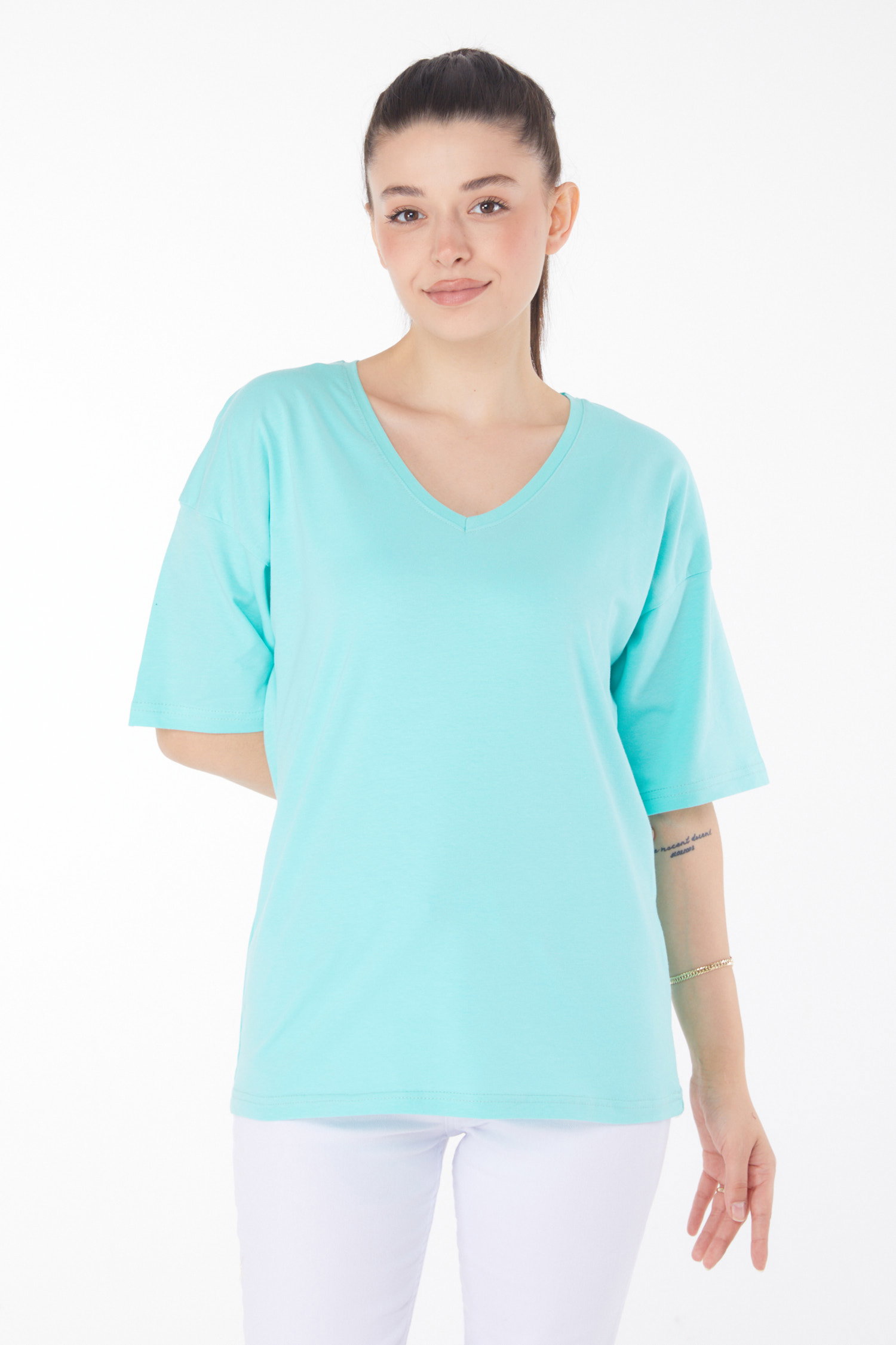Düz Orta Kadın Mint T-Shirt - 25848 - 1