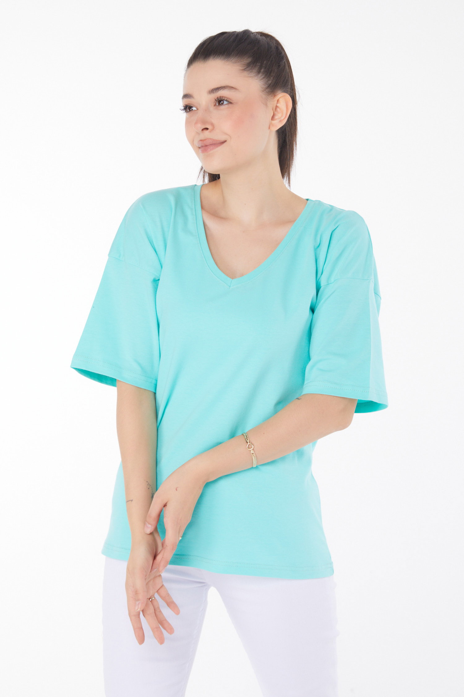Düz Orta Kadın Mint T-Shirt - 25848 - 2