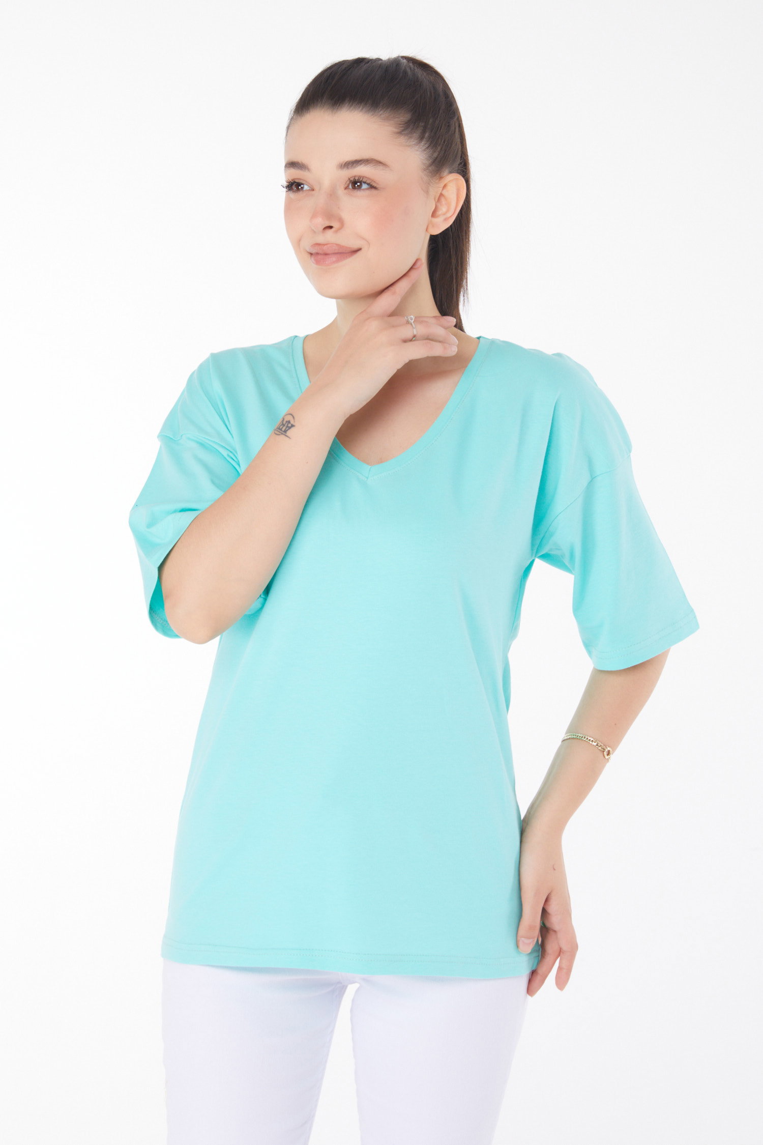Düz Orta Kadın Mint T-Shirt - 25848 - 3