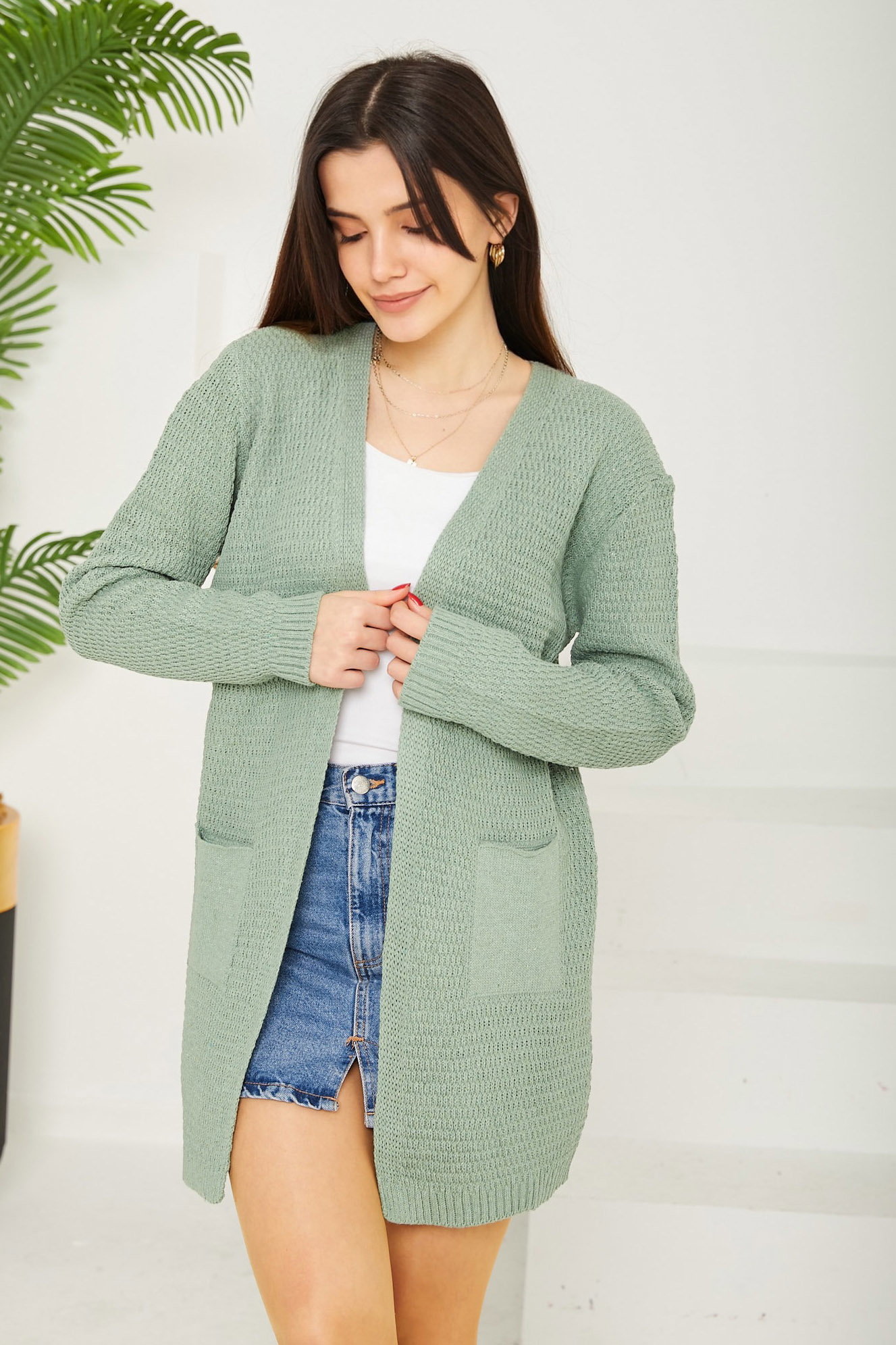 Düz Orta Kadın Mint Triko Hırka - 26694 - 2