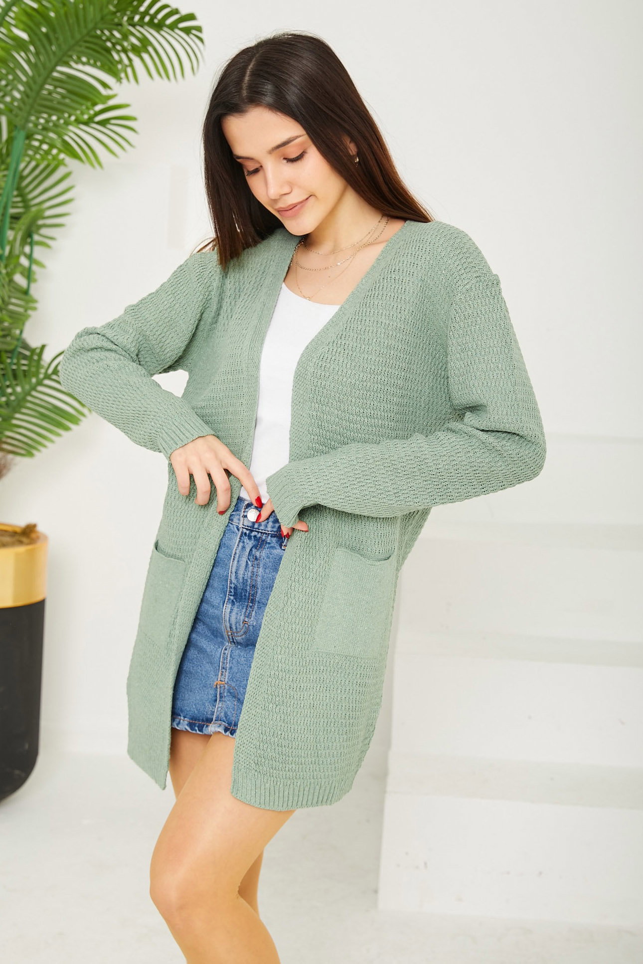 Düz Orta Kadın Mint Triko Hırka - 26694 - 3