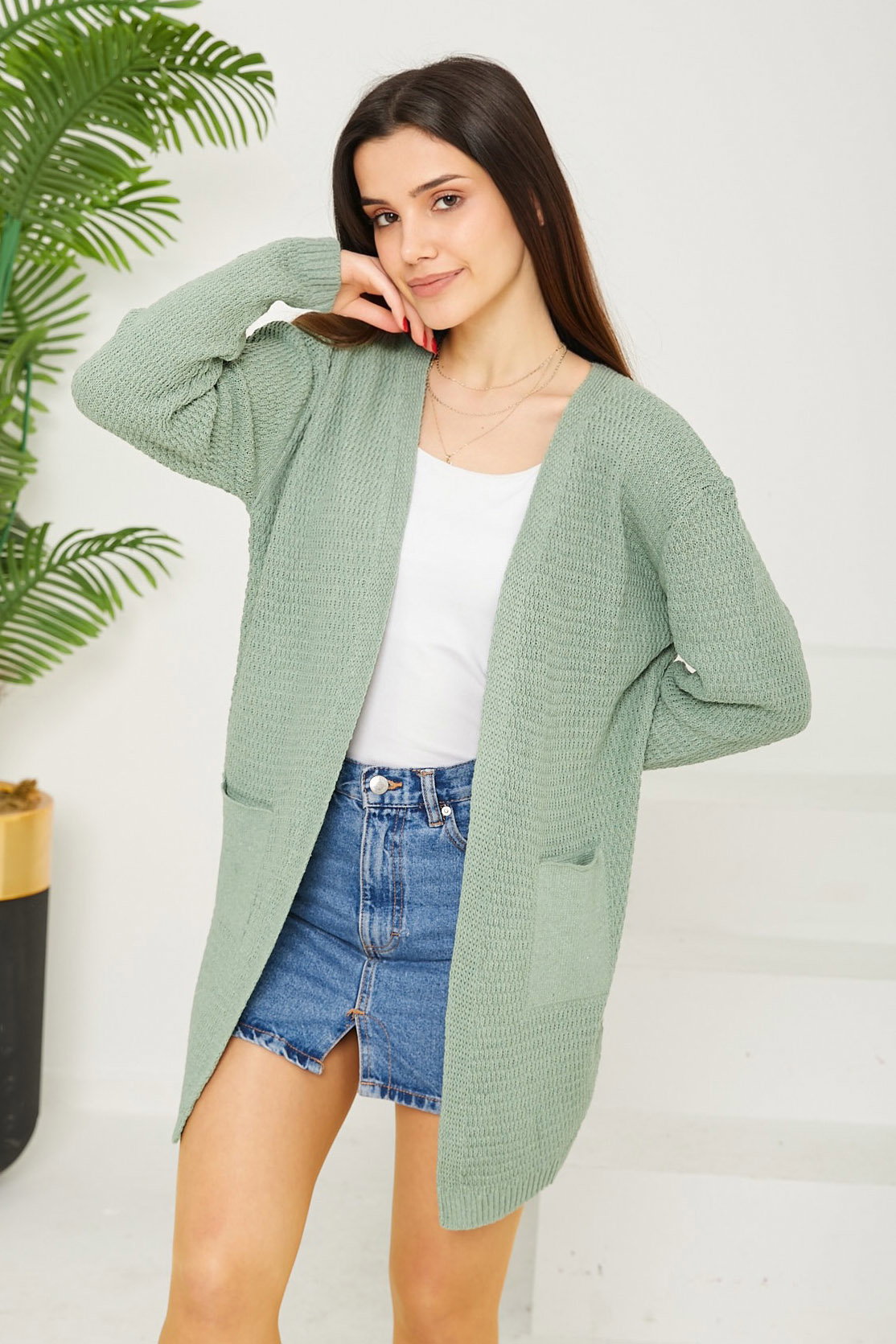 Düz Orta Kadın Mint Triko Hırka - 26694 - 4