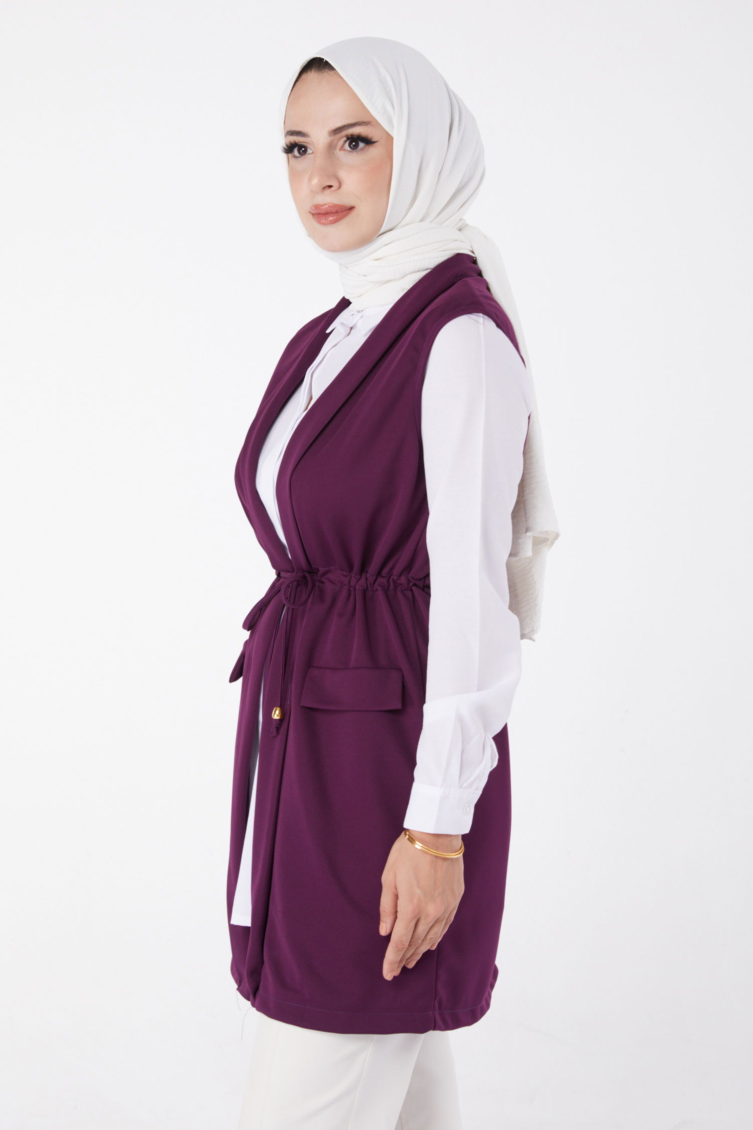 Düz Orta Kadın Mor Bağcıklı Yelek - 13263 - 3
