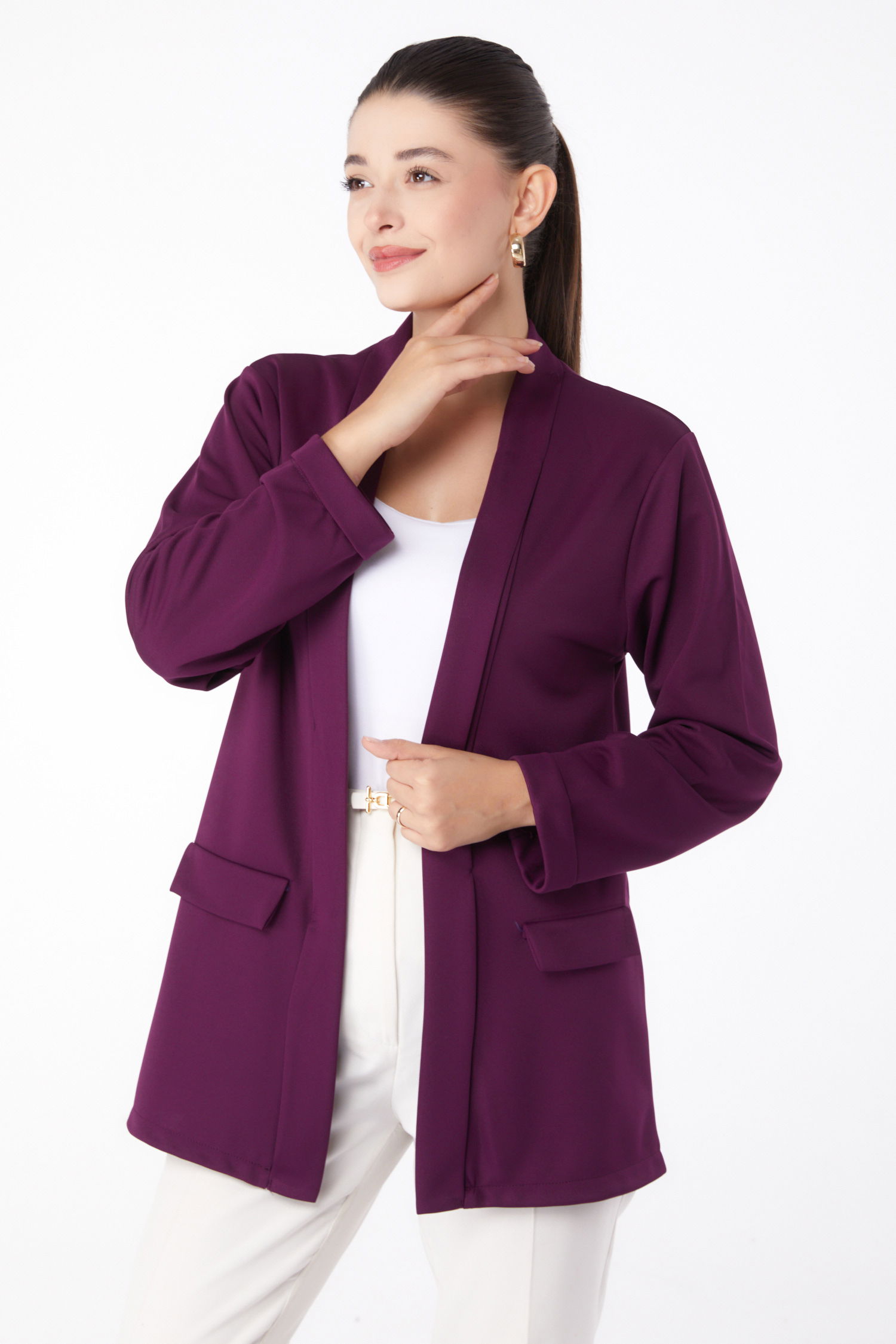 Düz Orta Kadın Mor Cep Detaylı Ceket - 13261 - 2