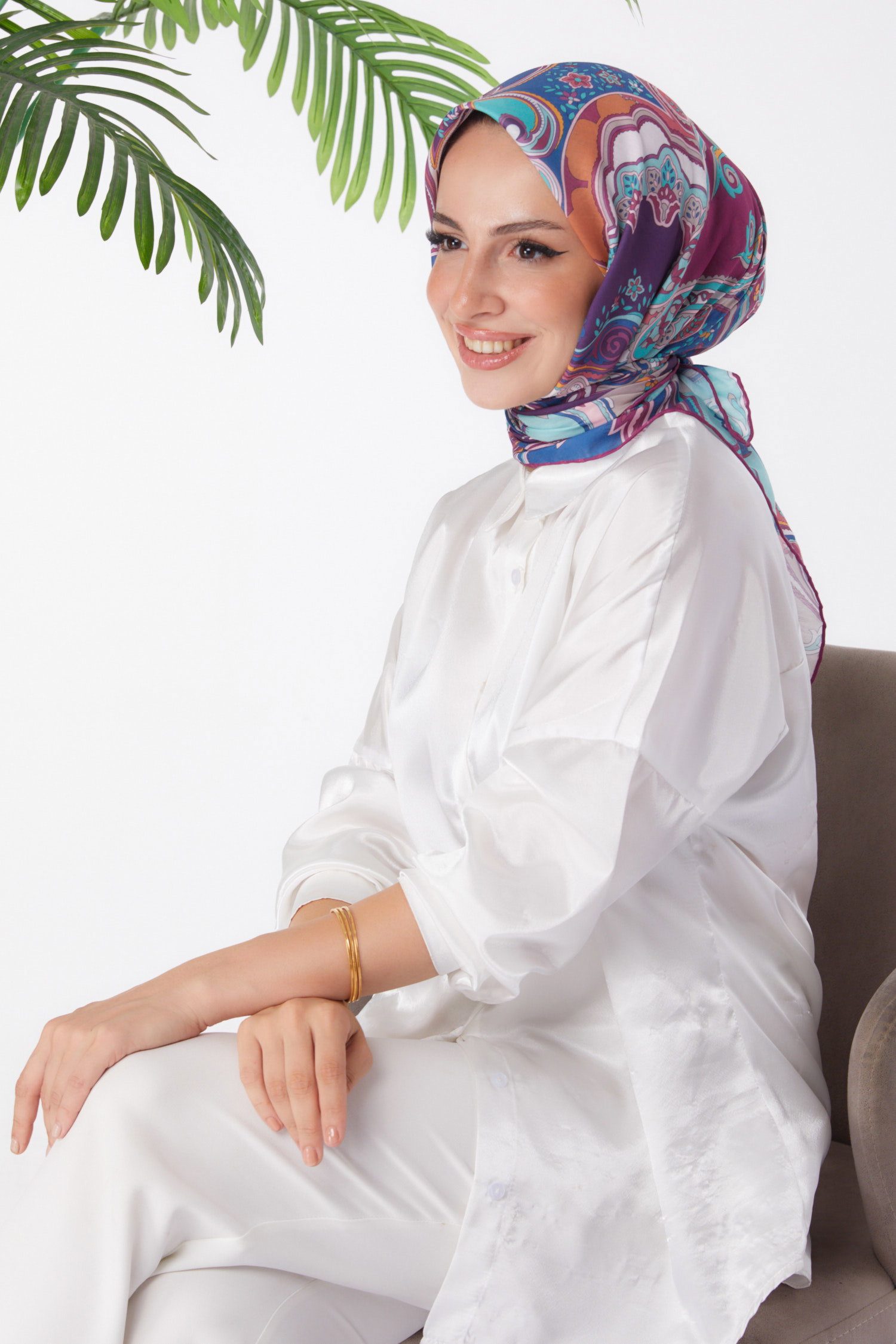 Düz Orta Kadın Mor Desenli Eşarp - 25973 - 1