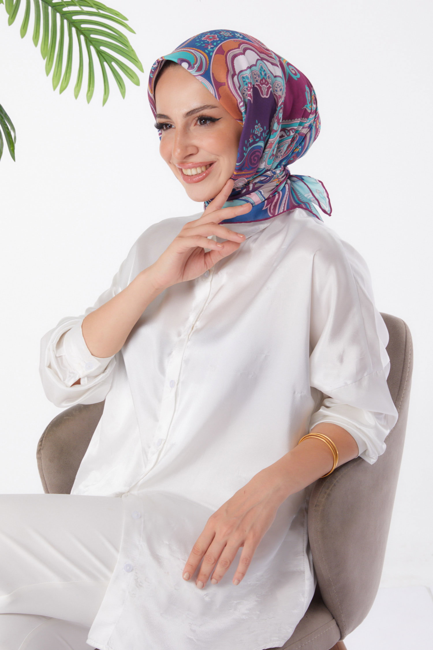 Düz Orta Kadın Mor Desenli Eşarp - 25973 - 3