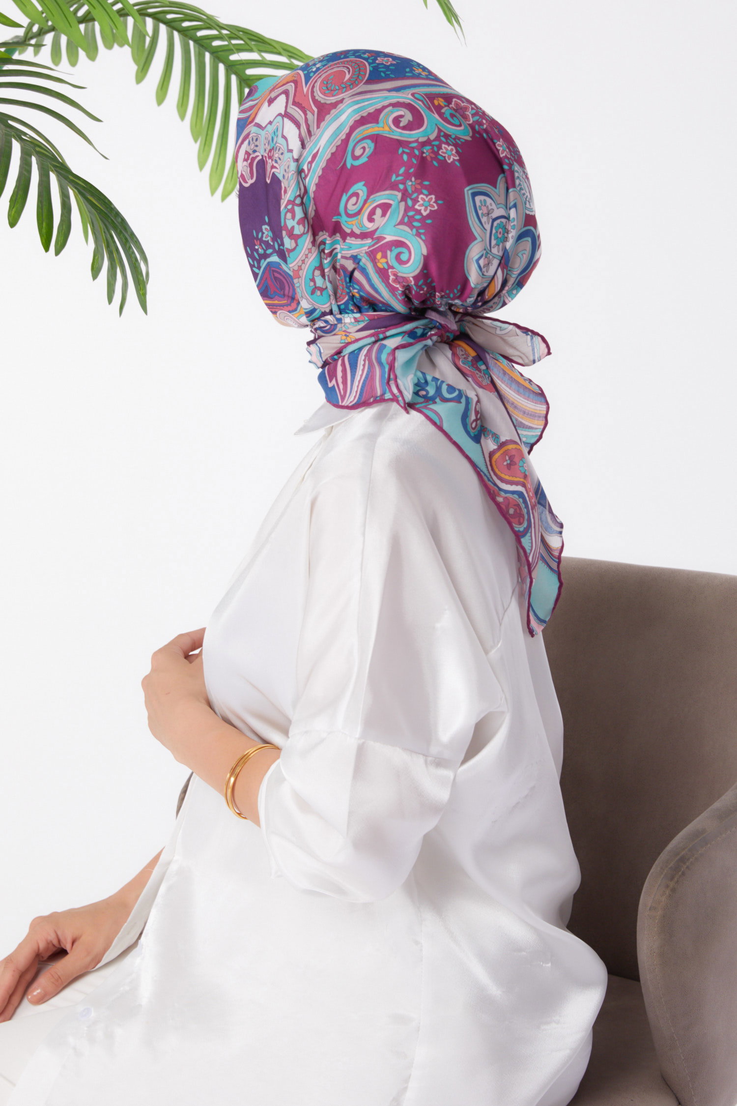 Düz Orta Kadın Mor Desenli Eşarp - 25973 - 4