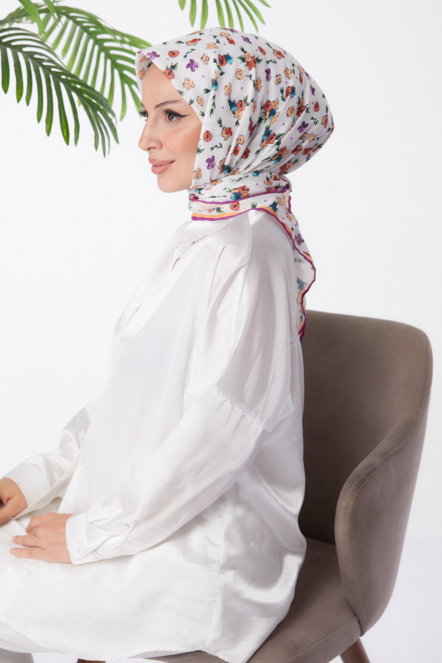 Düz Orta Kadın Mor Desenli Eşarp - 25978 - 4
