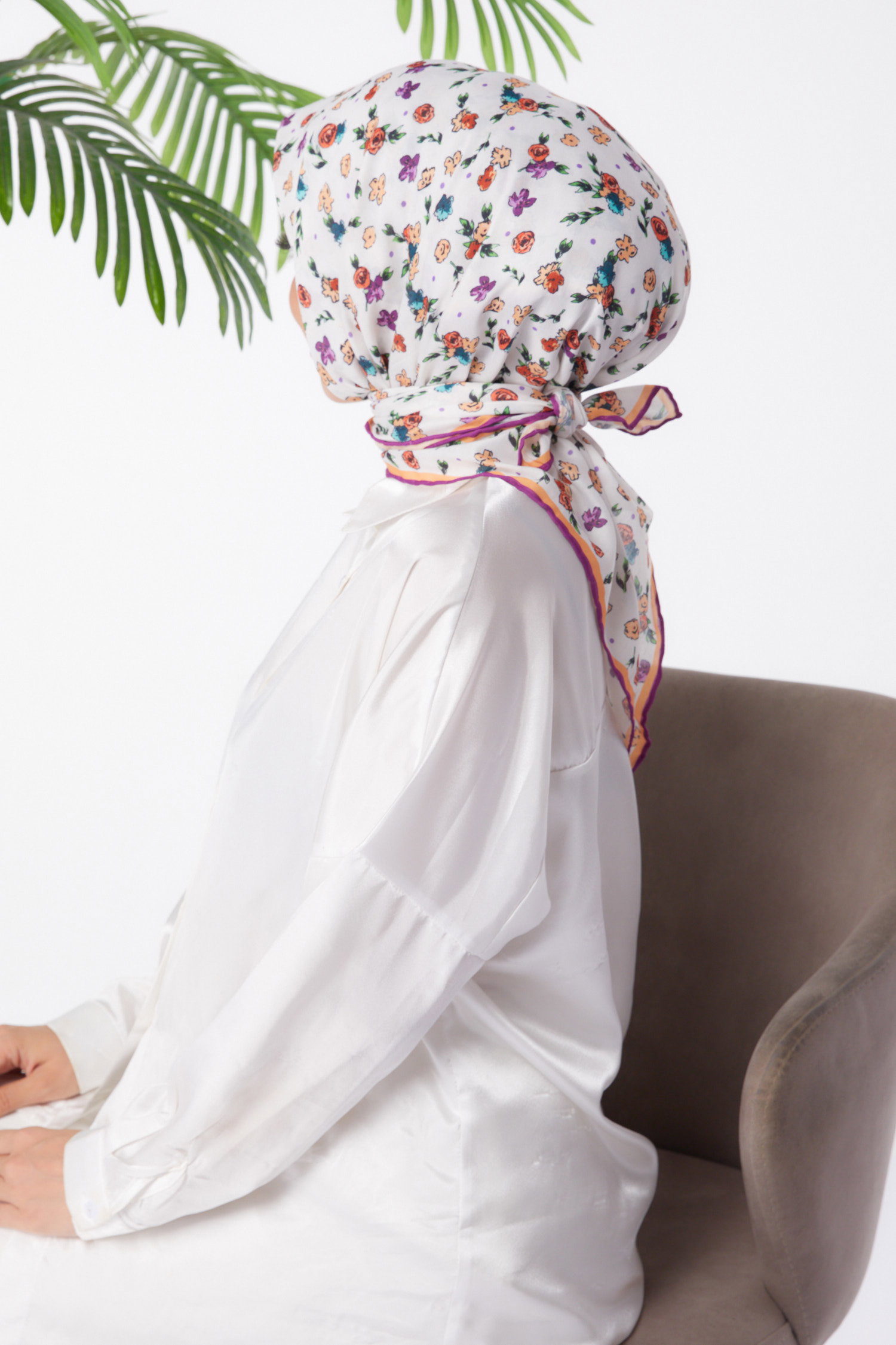 Düz Orta Kadın Mor Desenli Eşarp - 25978 - 5