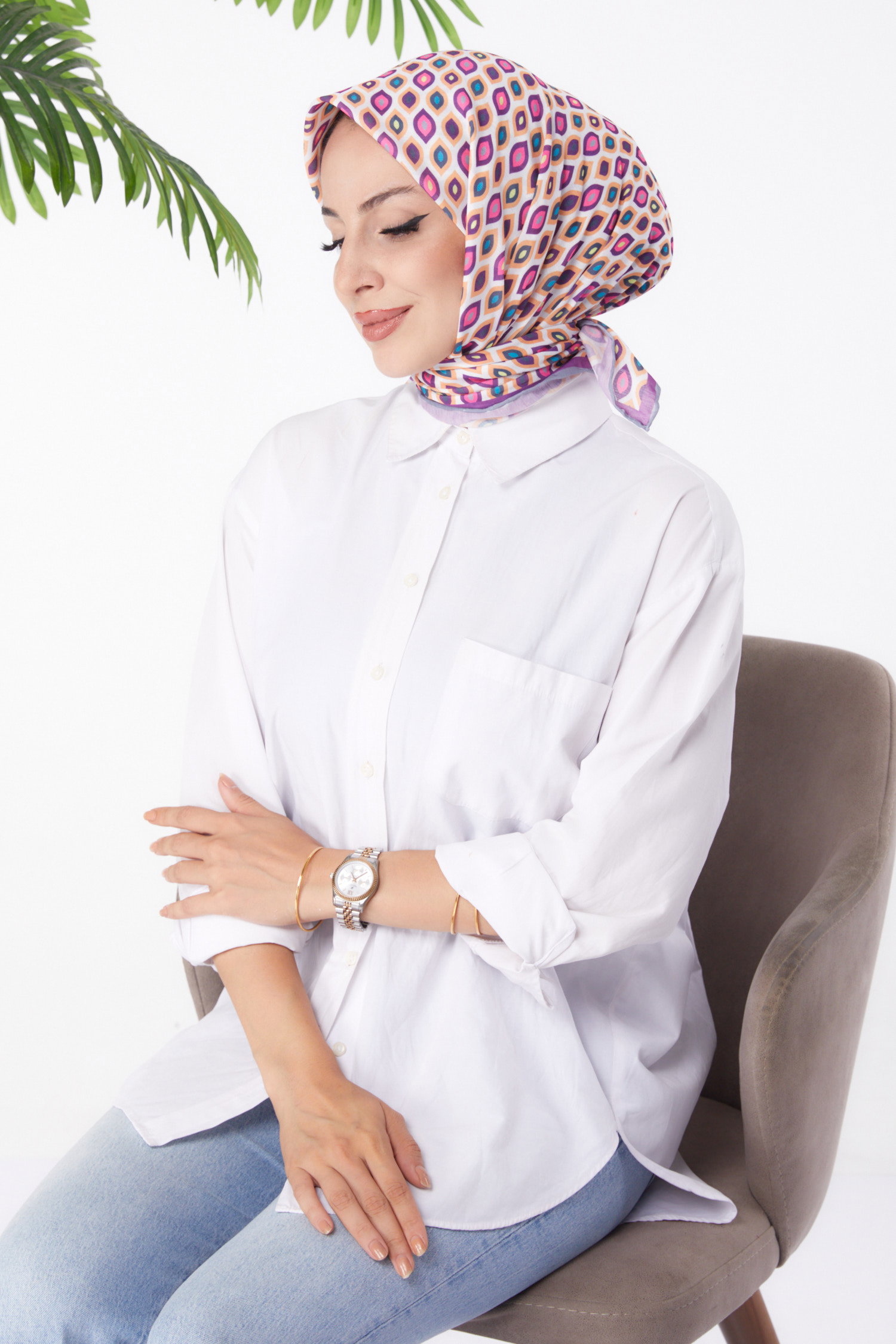 Düz Orta Kadın Mor Desenli Eşarp - 26151 - 1