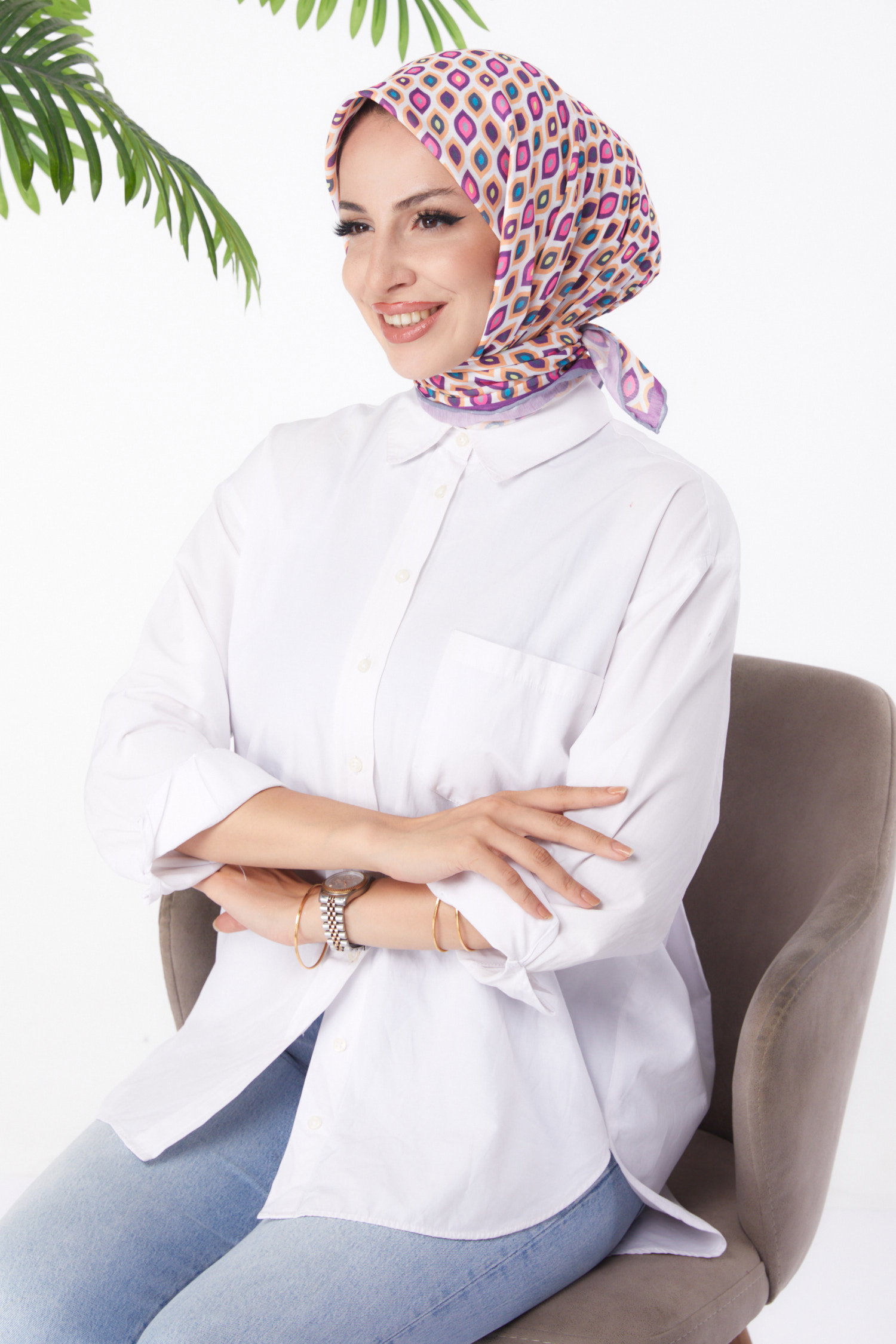 Düz Orta Kadın Mor Desenli Eşarp - 26151 - 2