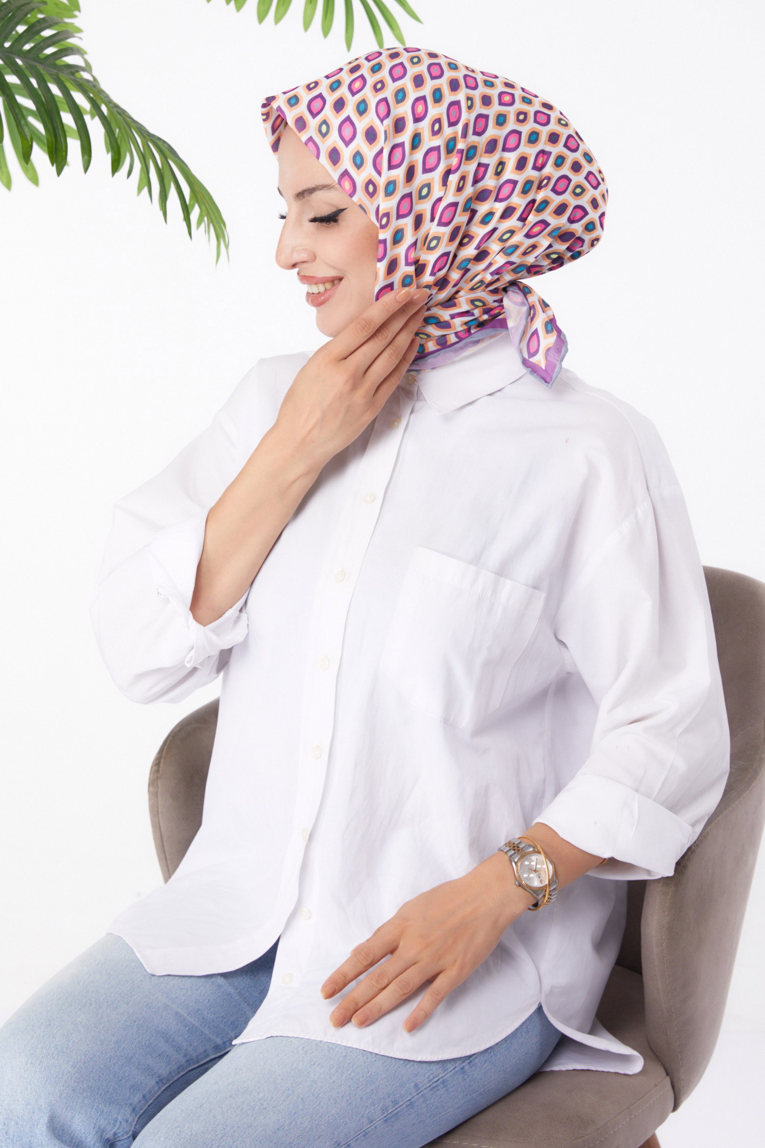Düz Orta Kadın Mor Desenli Eşarp - 26151 - 3