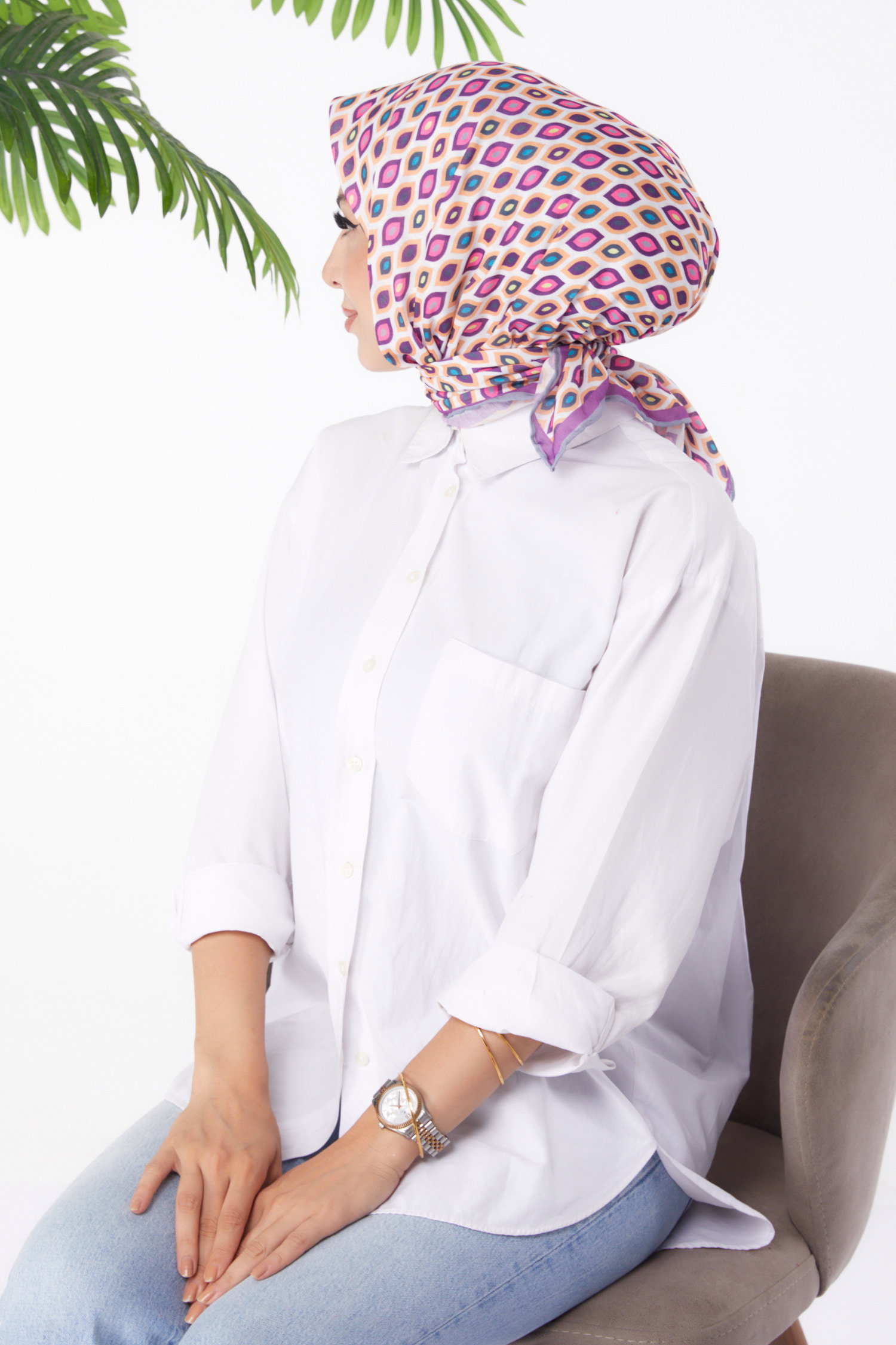 Düz Orta Kadın Mor Desenli Eşarp - 26151 - 4