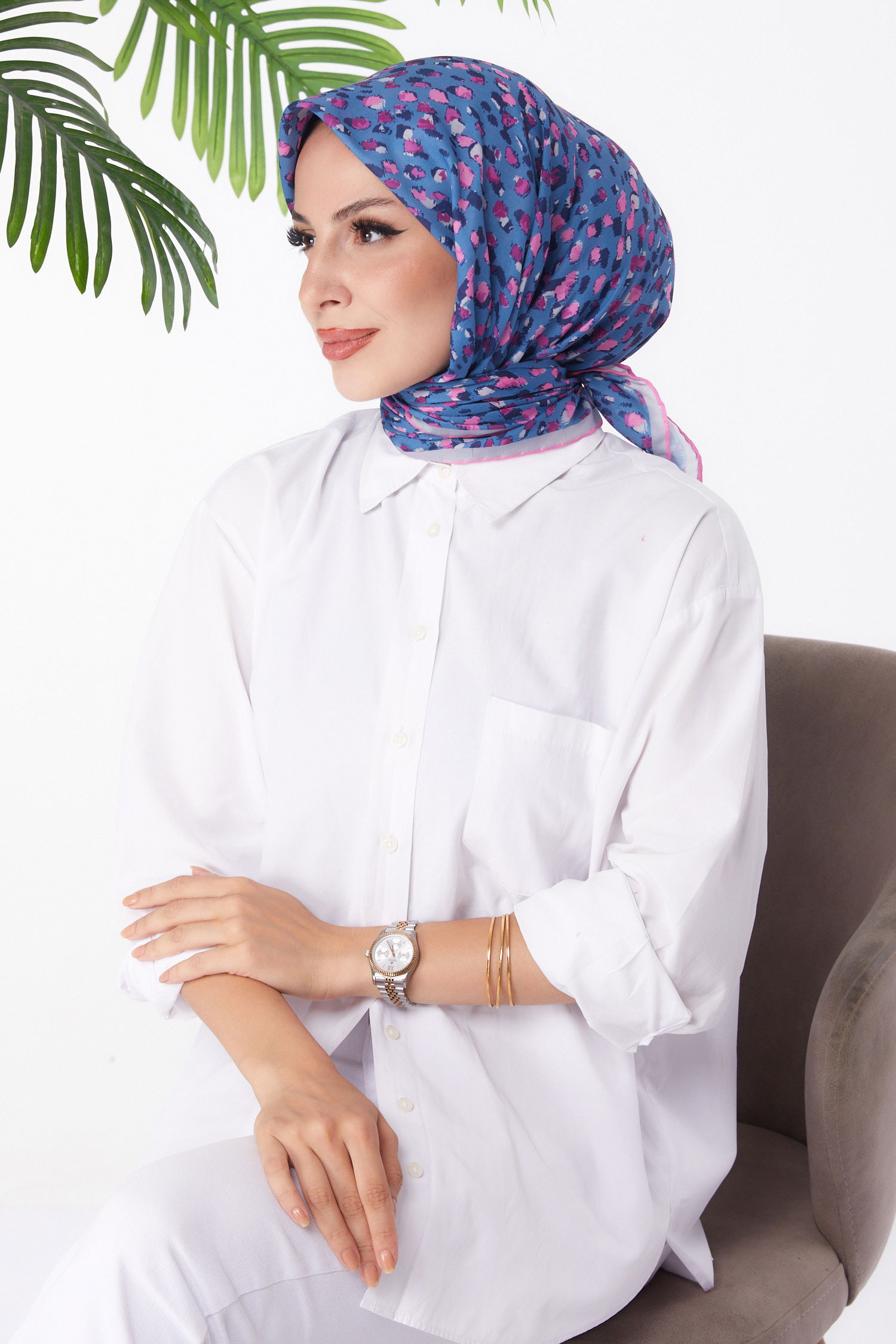 Düz Orta Kadın Mor Desenli Eşarp - 26152 - 3