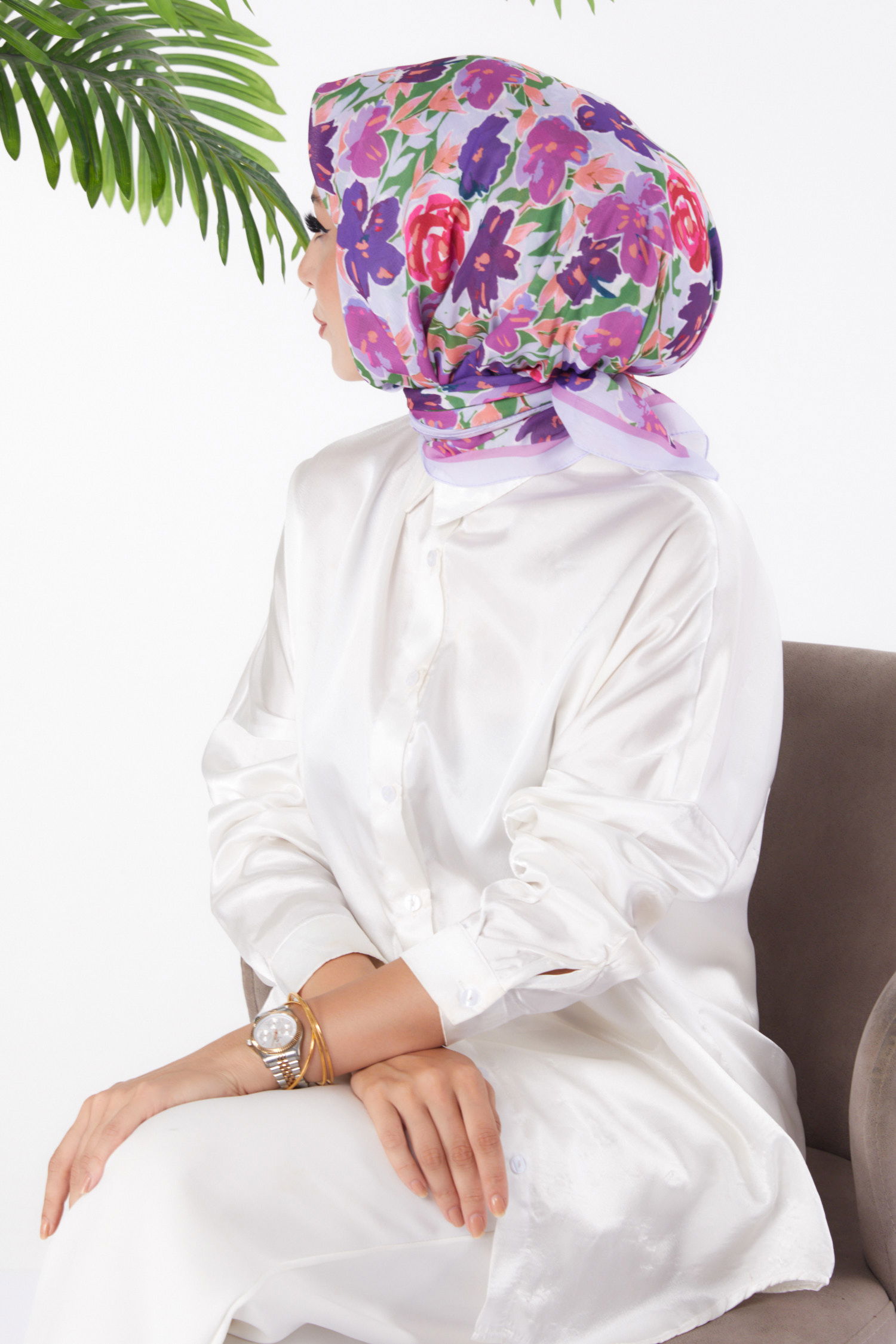 Düz Orta Kadın Mor Desenli Eşarp - 26153 - 3