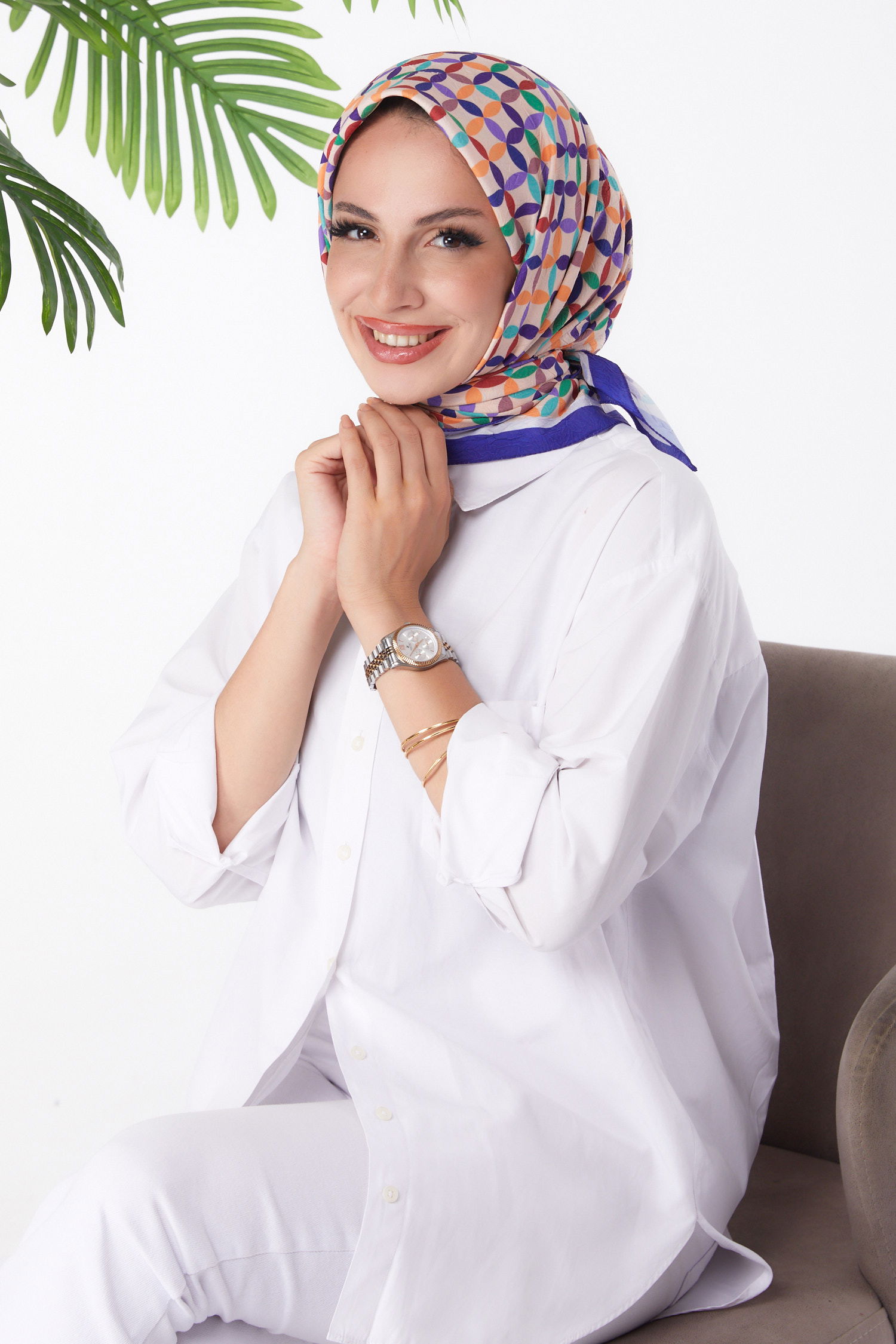 Düz Orta Kadın Mor Desenli Eşarp - 26155 - 1
