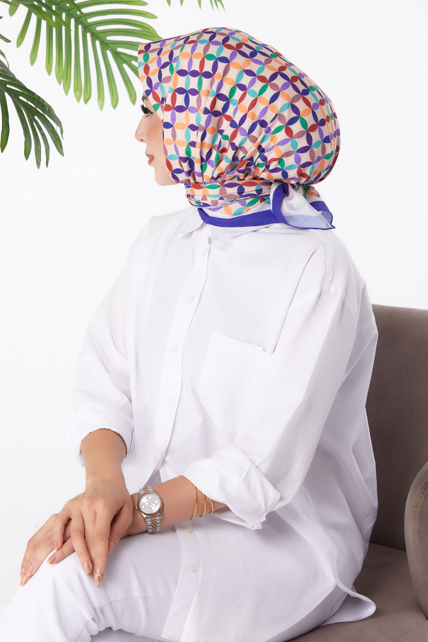 Düz Orta Kadın Mor Desenli Eşarp - 26155 - 3