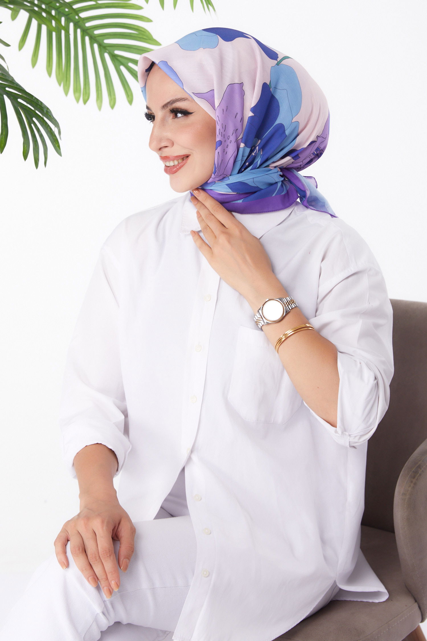 Düz Orta Kadın Mor Desenli Eşarp - 26158 - 2